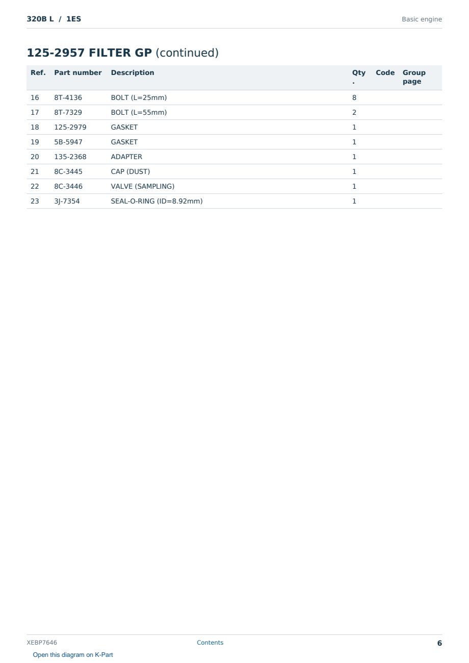 Caterpillar 320B L S/N 1ES Partsbook XEBP7646 (English) - sample page 6 of 10 Caterpillar 320B L S/N 1ES Partsbook XEBP7646 (English) - sample page 6 of 10