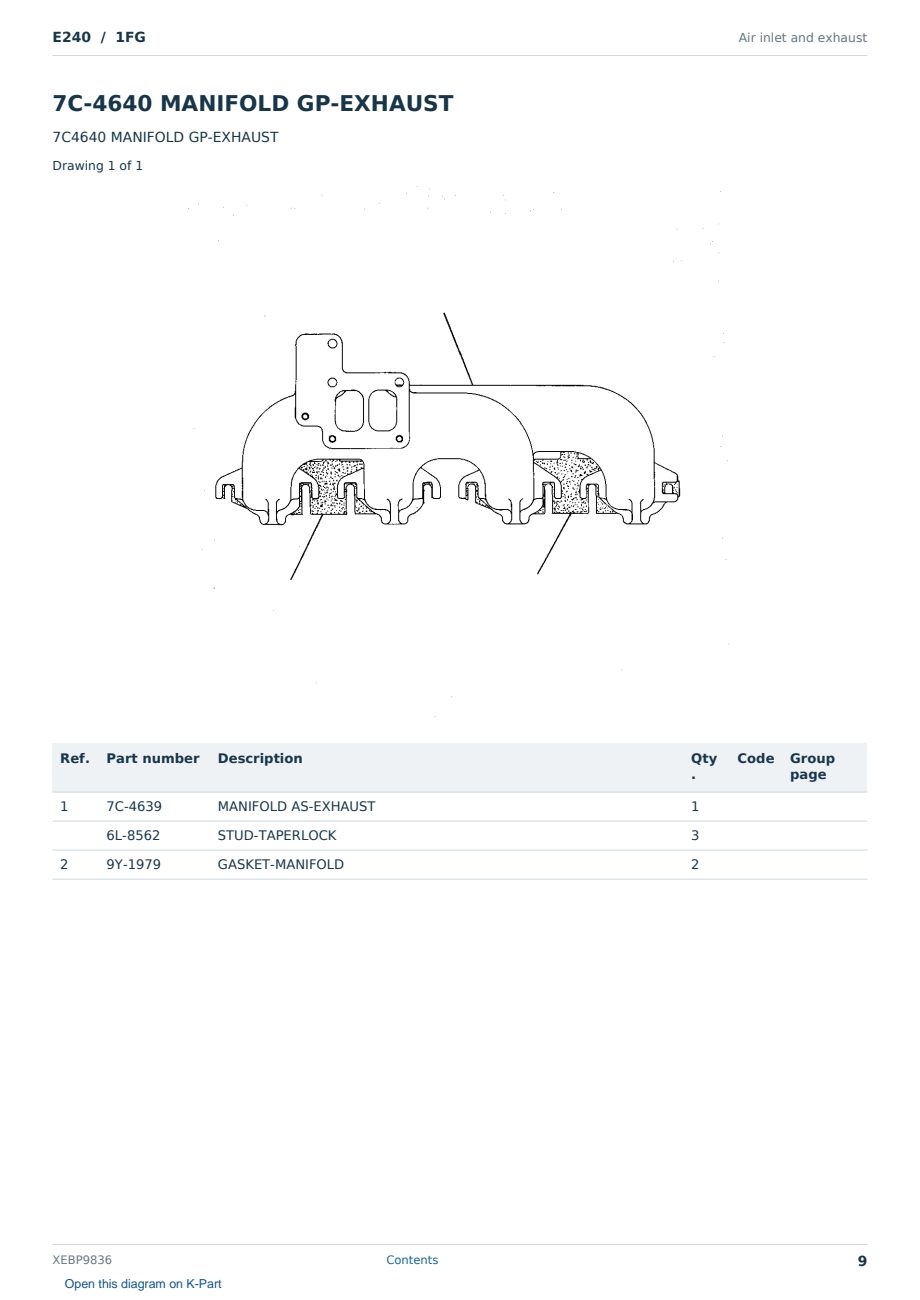 Caterpillar E240 S/N 1FG Partsbook XEBP9836 (English) - sample page 9 of 10 Caterpillar E240 S/N 1FG Partsbook XEBP9836 (English) - sample page 9 of 10