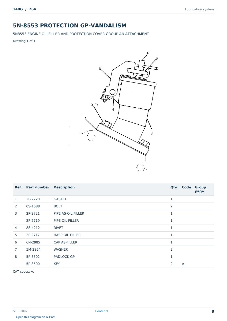 Caterpillar 140G S/N 26V Partsbook SEBP1092 (English) - sample page 8 of 10 Caterpillar 140G S/N 26V Partsbook SEBP1092 (English) - sample page 8 of 10