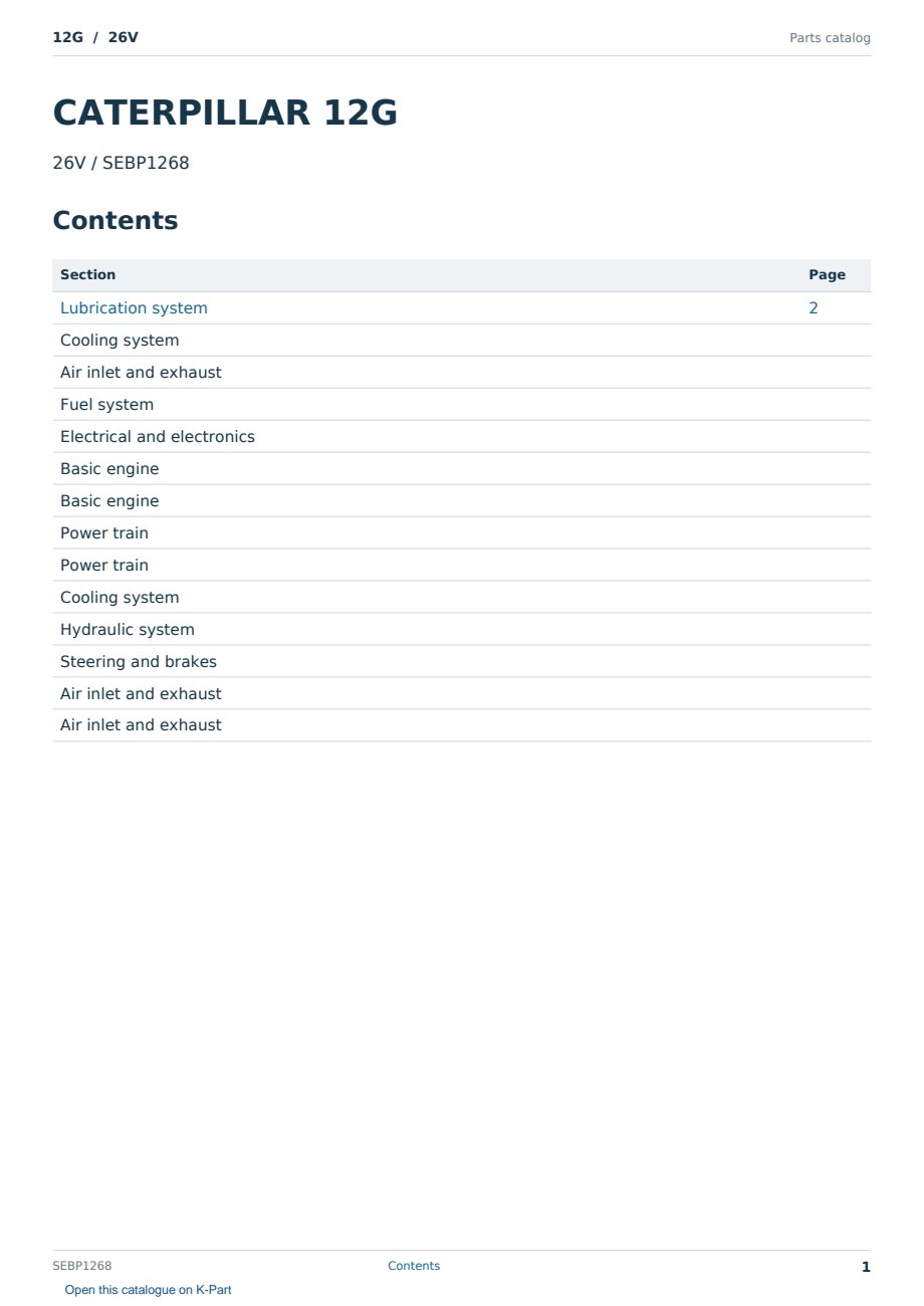 Caterpillar 12G S/N 26V Partsbook SEBP1268 (English) - sample page 1 of 10 Caterpillar 12G S/N 26V Partsbook SEBP1268 (English) - sample page 1 of 10