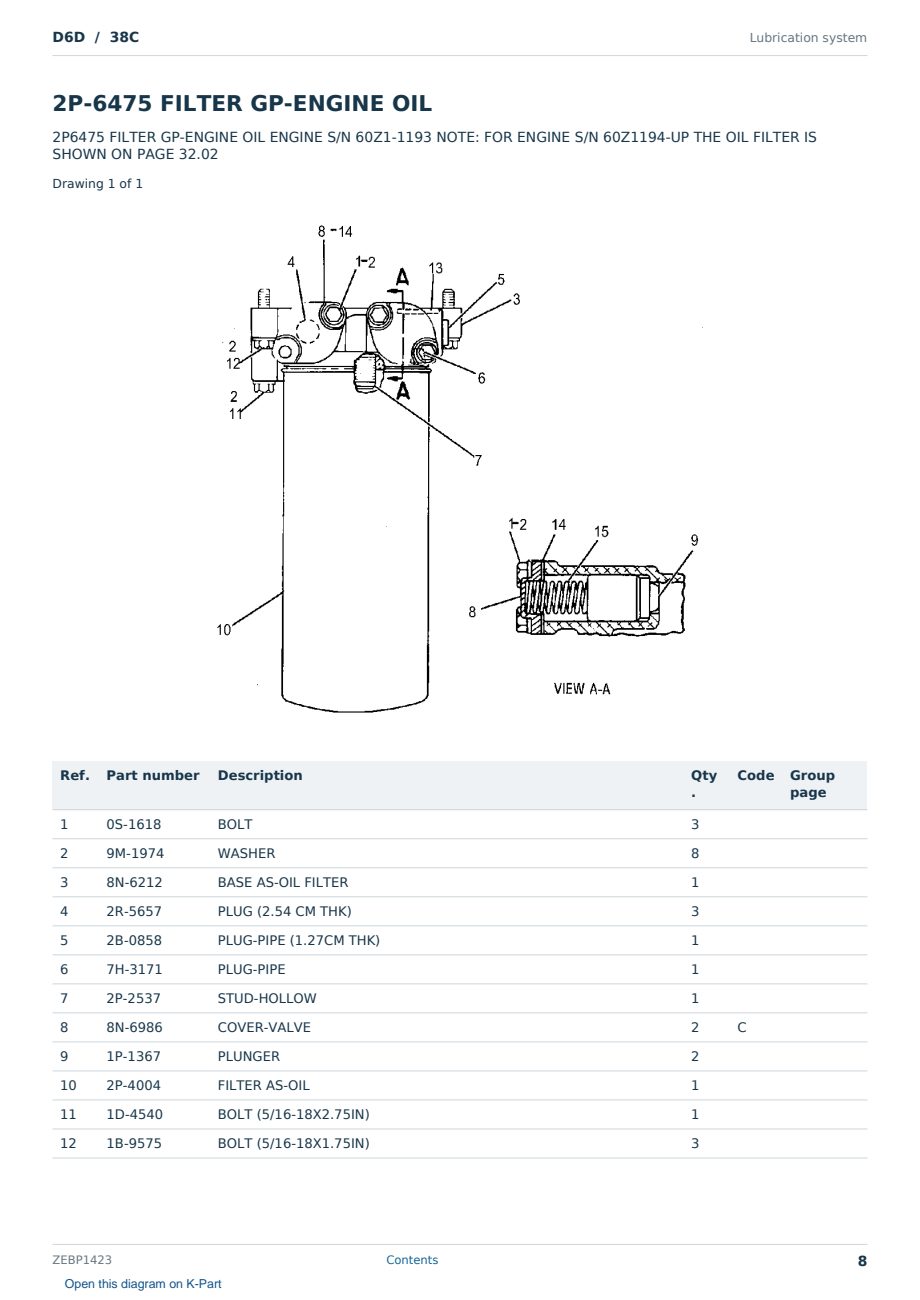Caterpillar D6D S/N 38C Partsbook ZEBP1423 (English) - sample page 8 of 10 Caterpillar D6D S/N 38C Partsbook ZEBP1423 (English) - sample page 8 of 10