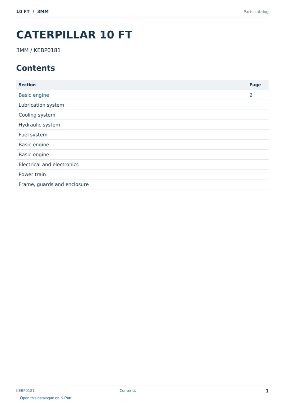 Caterpillar 10 FT S/N 3MM Partsbook KEBP0181 (English) - sample page 1 of 10 Caterpillar 10 FT S/N 3MM Partsbook KEBP0181 (English) - sample page 1 of 10