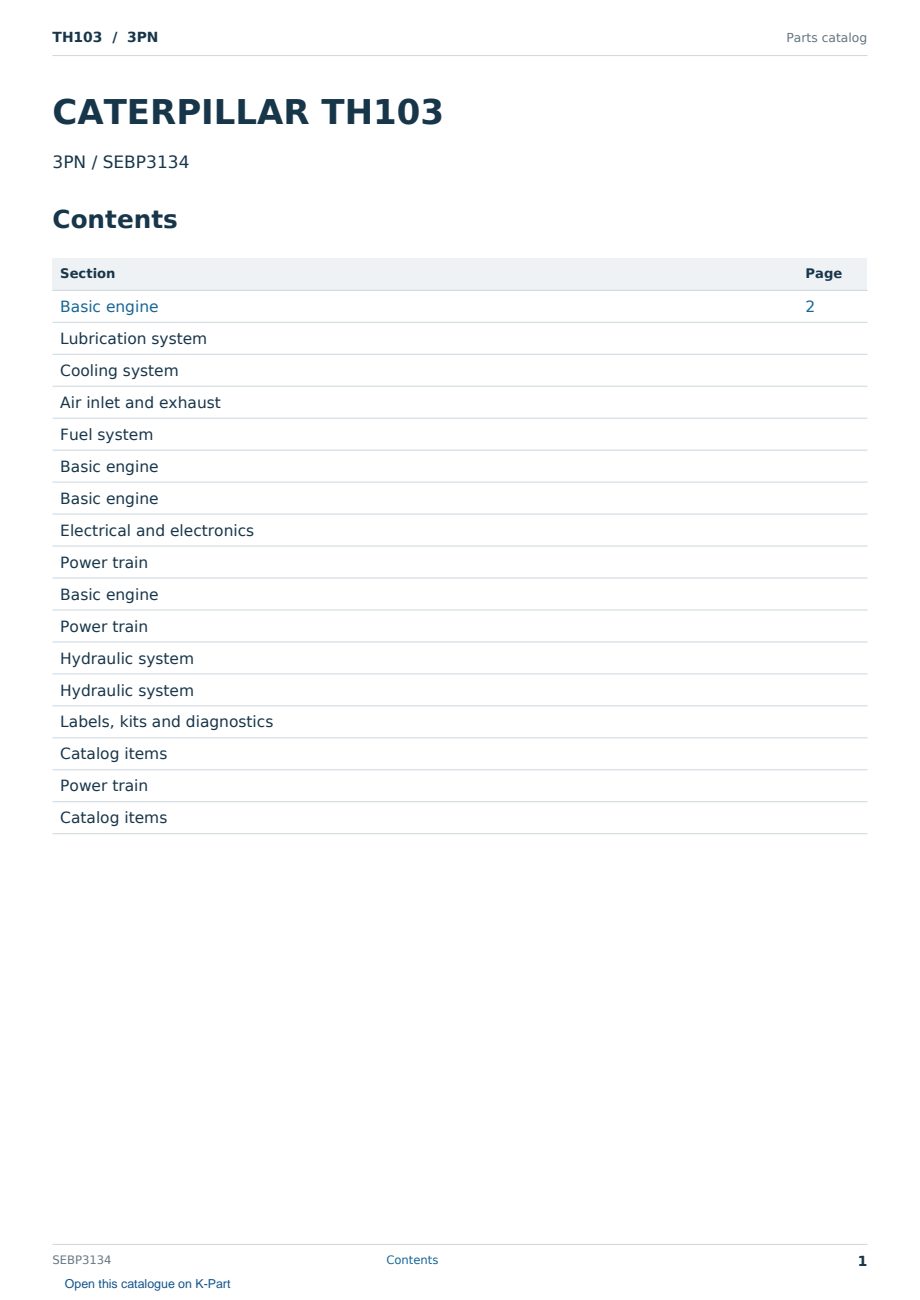 Caterpillar TH103 S/N 3PN Partsbook SEBP3134 (English) - sample page 1 of 10 Caterpillar TH103 S/N 3PN Partsbook SEBP3134 (English) - sample page 1 of 10
