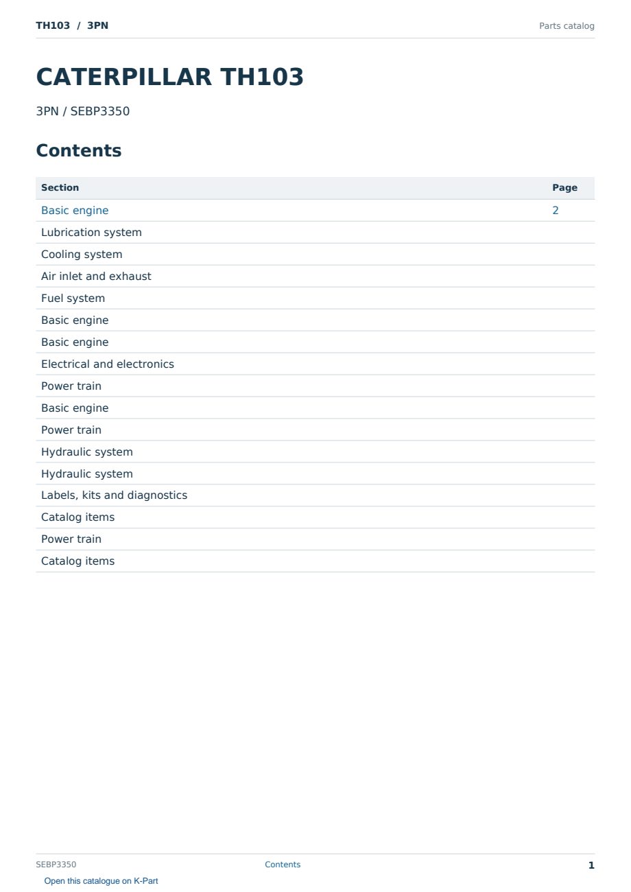 Caterpillar TH103 S/N 3PN Partsbook SEBP3350 (English) - sample page 1 of 10 Caterpillar TH103 S/N 3PN Partsbook SEBP3350 (English) - sample page 1 of 10