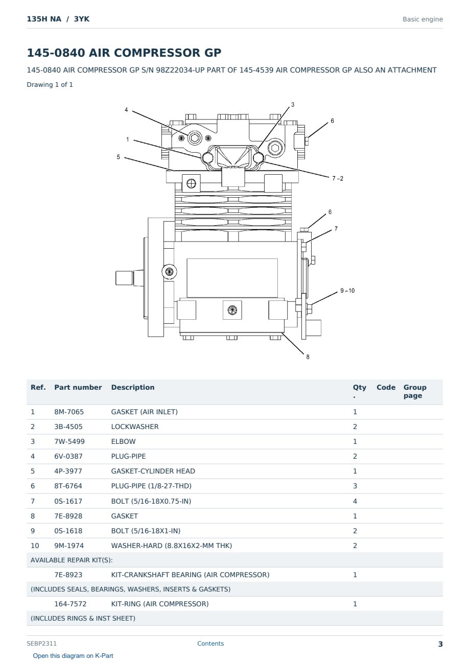 Caterpillar 135H NA S/N 3YK Partsbook SEBP2311 (English) - sample page 3 of 10 Caterpillar 135H NA S/N 3YK Partsbook SEBP2311 (English) - sample page 3 of 10