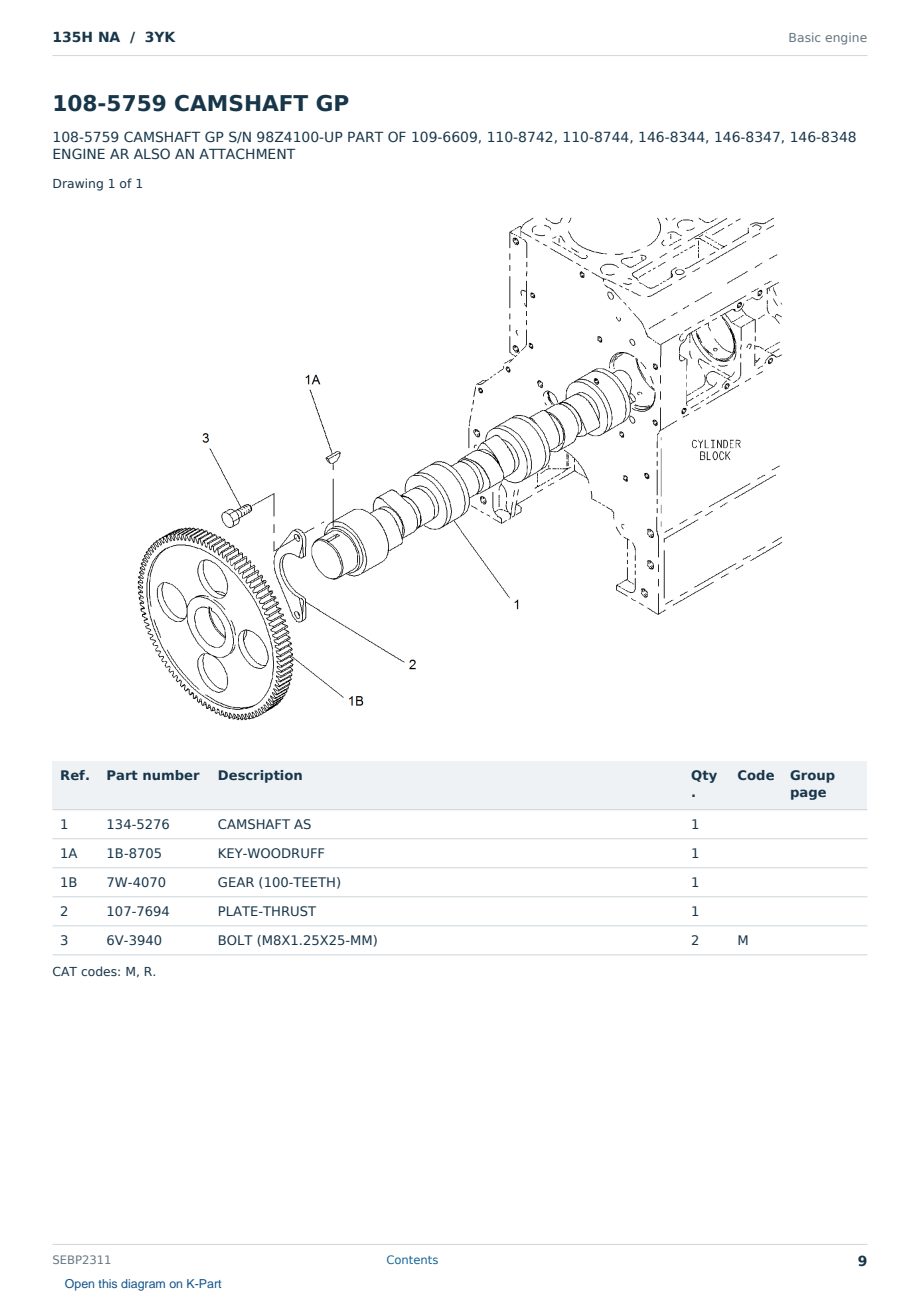 Caterpillar 135H NA S/N 3YK Partsbook SEBP2311 (English) - sample page 9 of 10 Caterpillar 135H NA S/N 3YK Partsbook SEBP2311 (English) - sample page 9 of 10