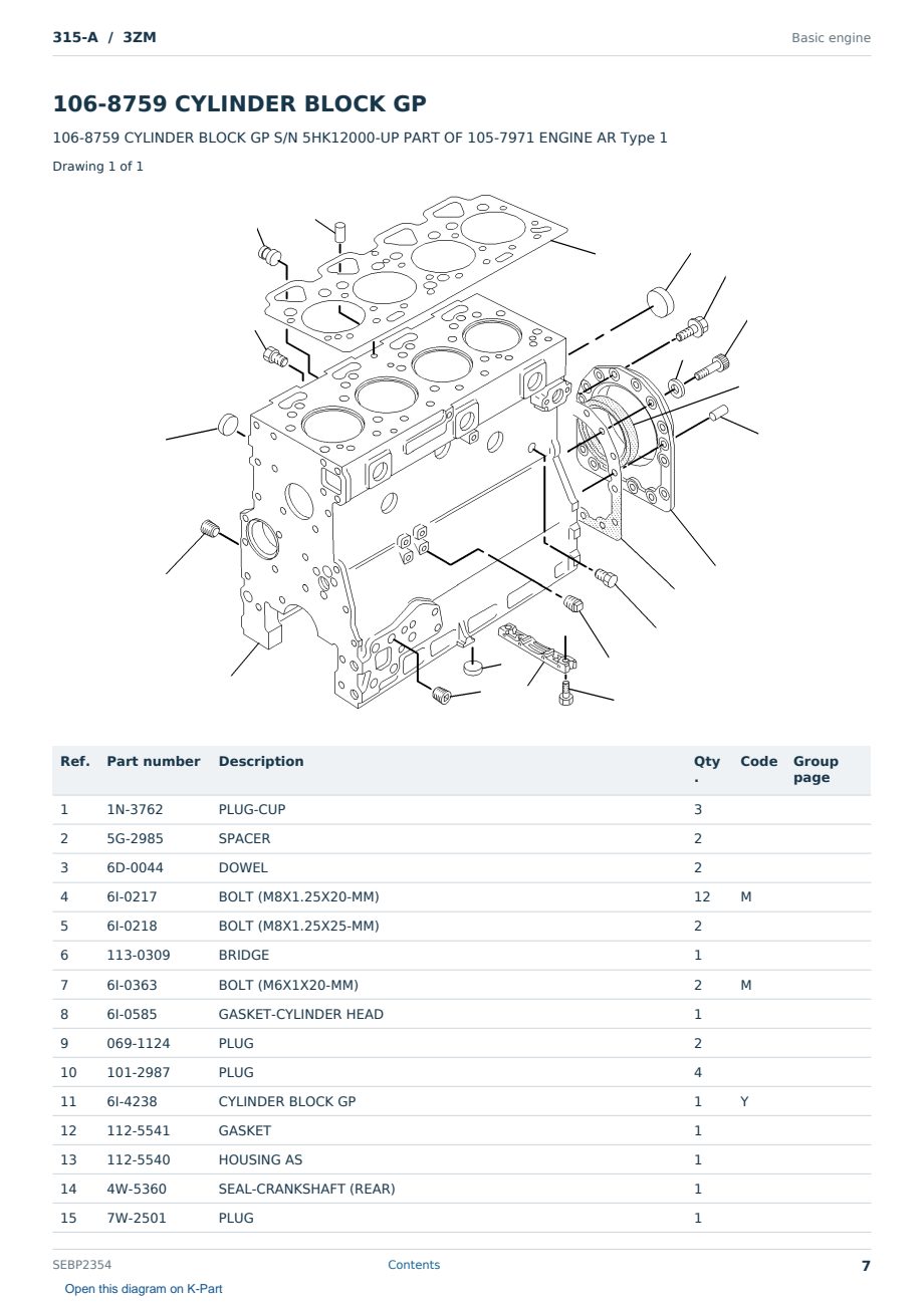 Caterpillar 315-A S/N 3ZM Partsbook SEBP2354 (English) - sample page 7 of 10 Caterpillar 315-A S/N 3ZM Partsbook SEBP2354 (English) - sample page 7 of 10