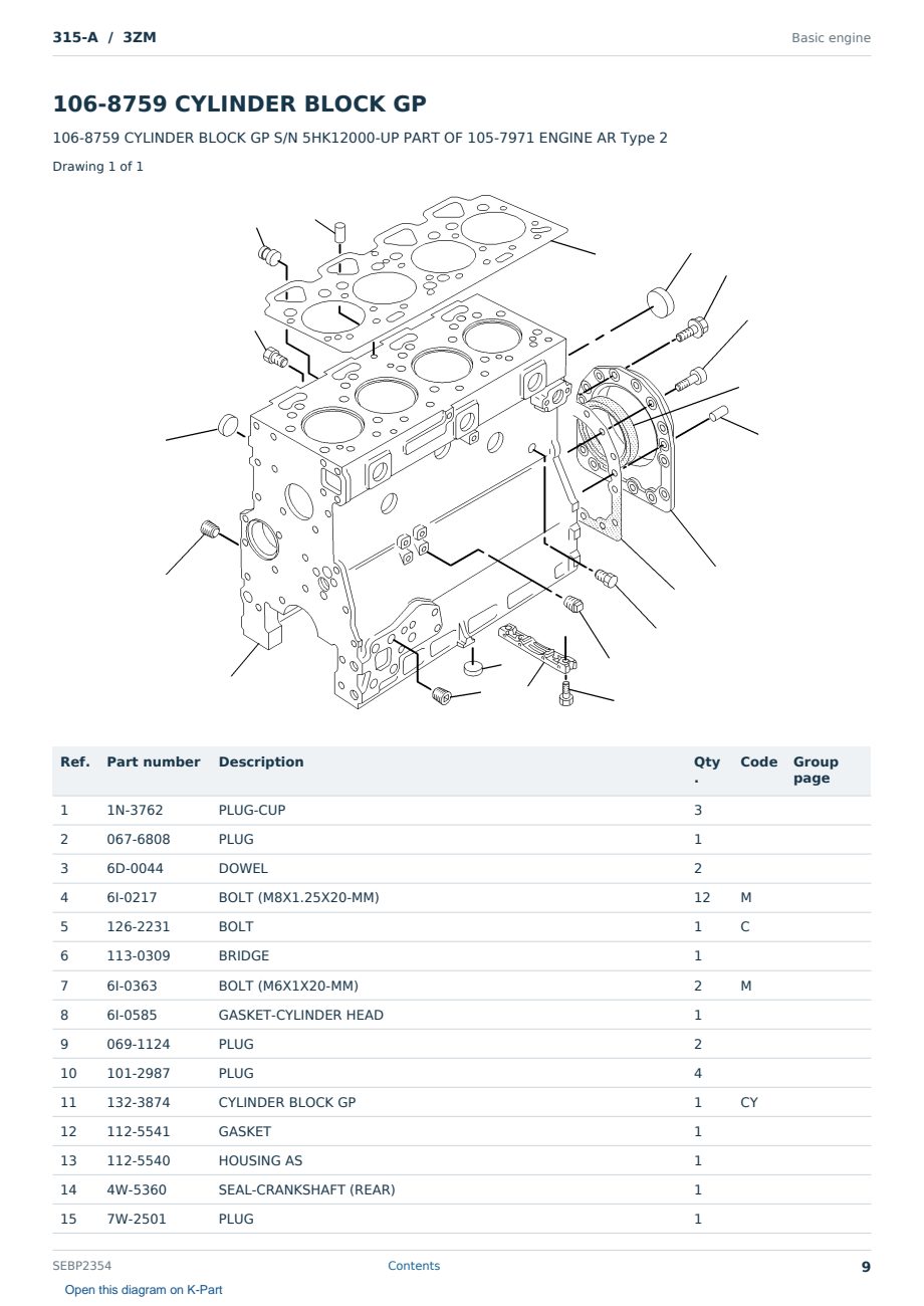 Caterpillar 315-A S/N 3ZM Partsbook SEBP2354 (English) - sample page 9 of 10 Caterpillar 315-A S/N 3ZM Partsbook SEBP2354 (English) - sample page 9 of 10