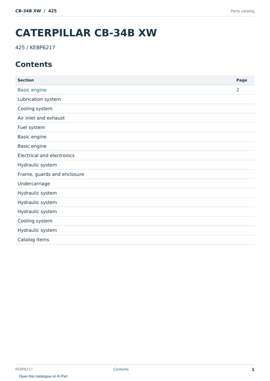 Caterpillar CB-34B XW S/N 425 Partsbook KEBP6217 (English) - sample page 1 of 10 Caterpillar CB-34B XW S/N 425 Partsbook KEBP6217 (English) - sample page 1 of 10