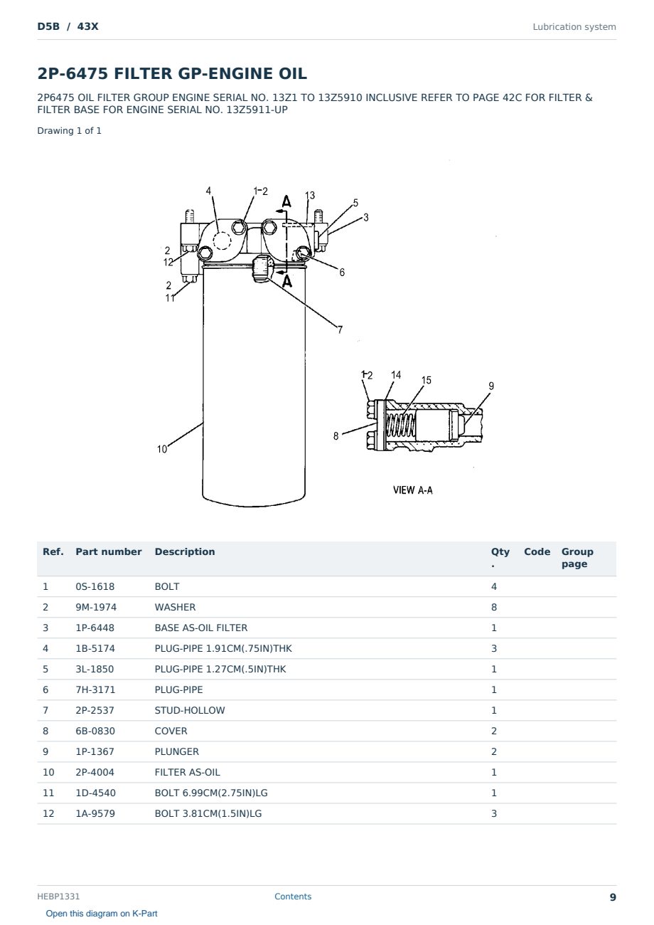 Caterpillar D5B S/N 43X Partsbook HEBP1331 (English) - sample page 9 of 10 Caterpillar D5B S/N 43X Partsbook HEBP1331 (English) - sample page 9 of 10