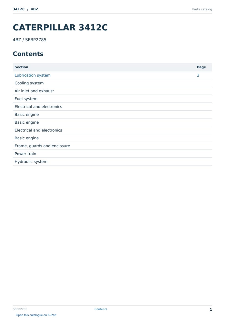 Caterpillar 3412C S/N 4BZ Partsbook SEBP2785 (English) - sample page 1 of 10 Caterpillar 3412C S/N 4BZ Partsbook SEBP2785 (English) - sample page 1 of 10