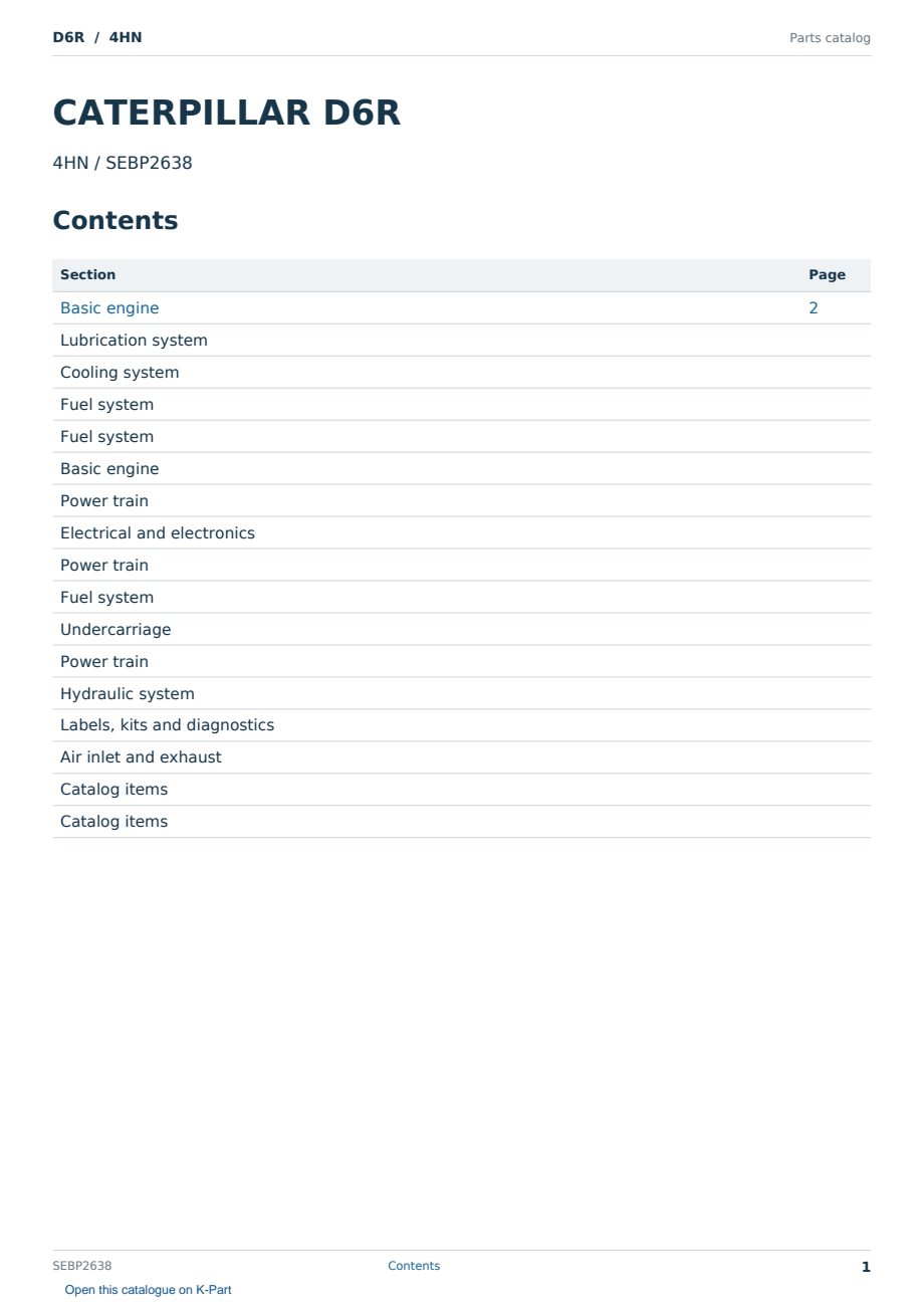 Caterpillar D6R S/N 4HN Partsbook SEBP2638 (English) - sample page 1 of 10 Caterpillar D6R S/N 4HN Partsbook SEBP2638 (English) - sample page 1 of 10