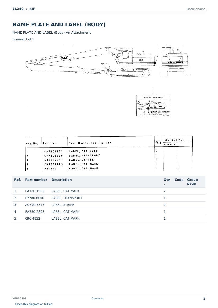 Caterpillar EL240 S/N 4JF Partsbook XEBP9898 (English) - sample page 5 of 10 Caterpillar EL240 S/N 4JF Partsbook XEBP9898 (English) - sample page 5 of 10