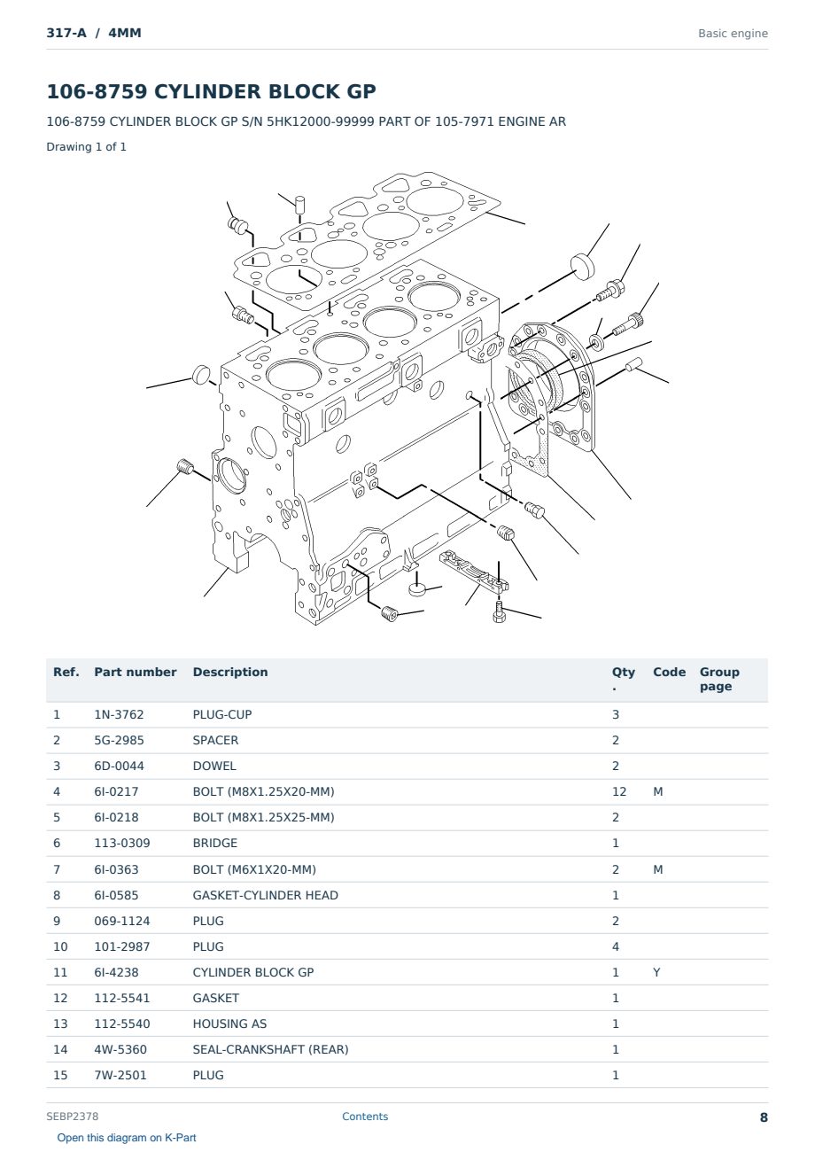 Caterpillar 317-A S/N 4MM Partsbook SEBP2378 (English) - sample page 8 of 10 Caterpillar 317-A S/N 4MM Partsbook SEBP2378 (English) - sample page 8 of 10