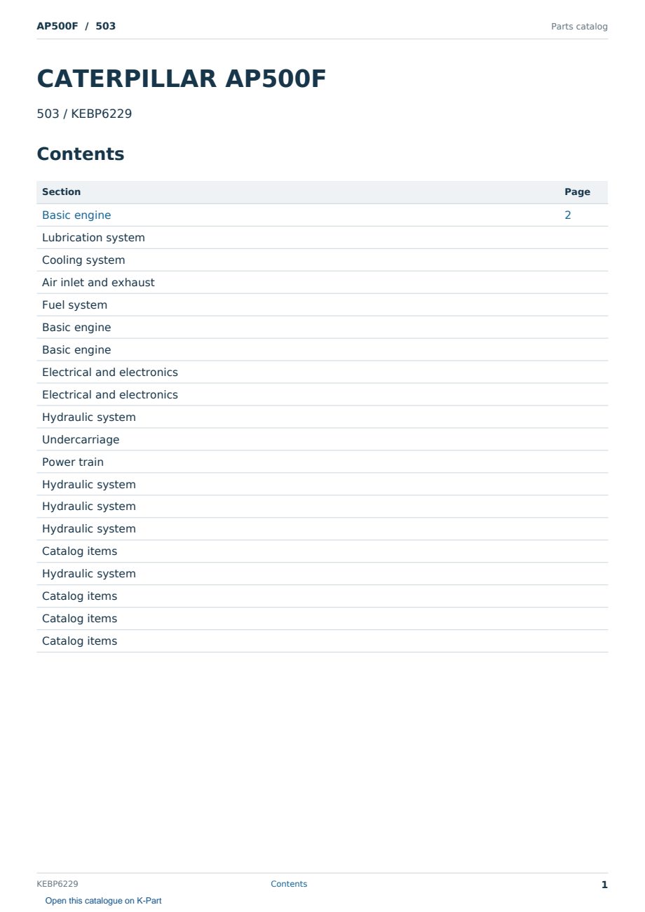 Caterpillar AP500F S/N 503 Partsbook KEBP6229 (English) - sample page 1 of 10 Caterpillar AP500F S/N 503 Partsbook KEBP6229 (English) - sample page 1 of 10