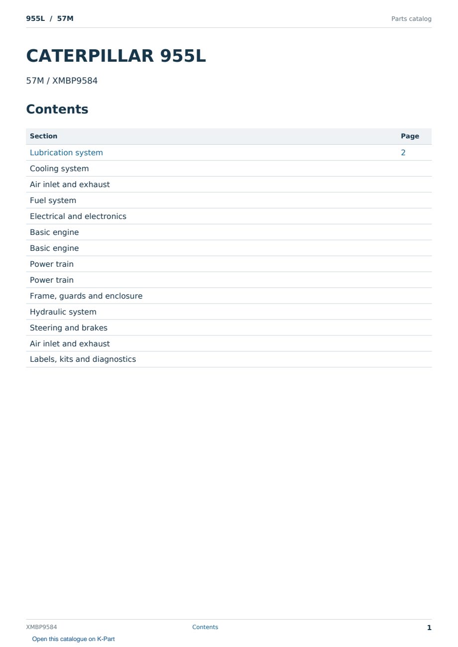 Caterpillar 955L S/N 57M Partsbook XMBP9584 (English) - sample page 1 of 10 Caterpillar 955L S/N 57M Partsbook XMBP9584 (English) - sample page 1 of 10