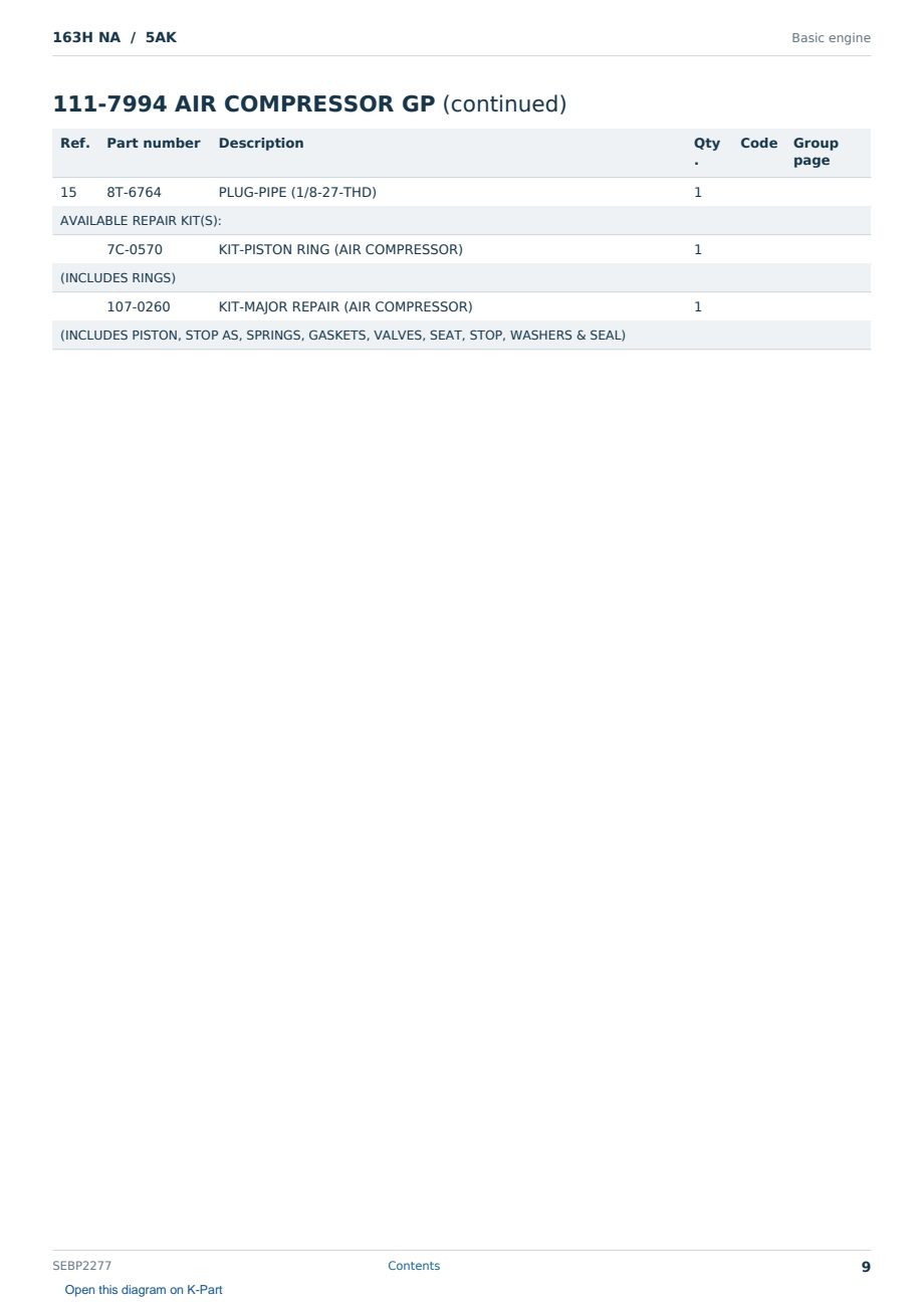 Caterpillar 163H NA S/N 5AK Partsbook SEBP2277 (English) - sample page 9 of 10 Caterpillar 163H NA S/N 5AK Partsbook SEBP2277 (English) - sample page 9 of 10