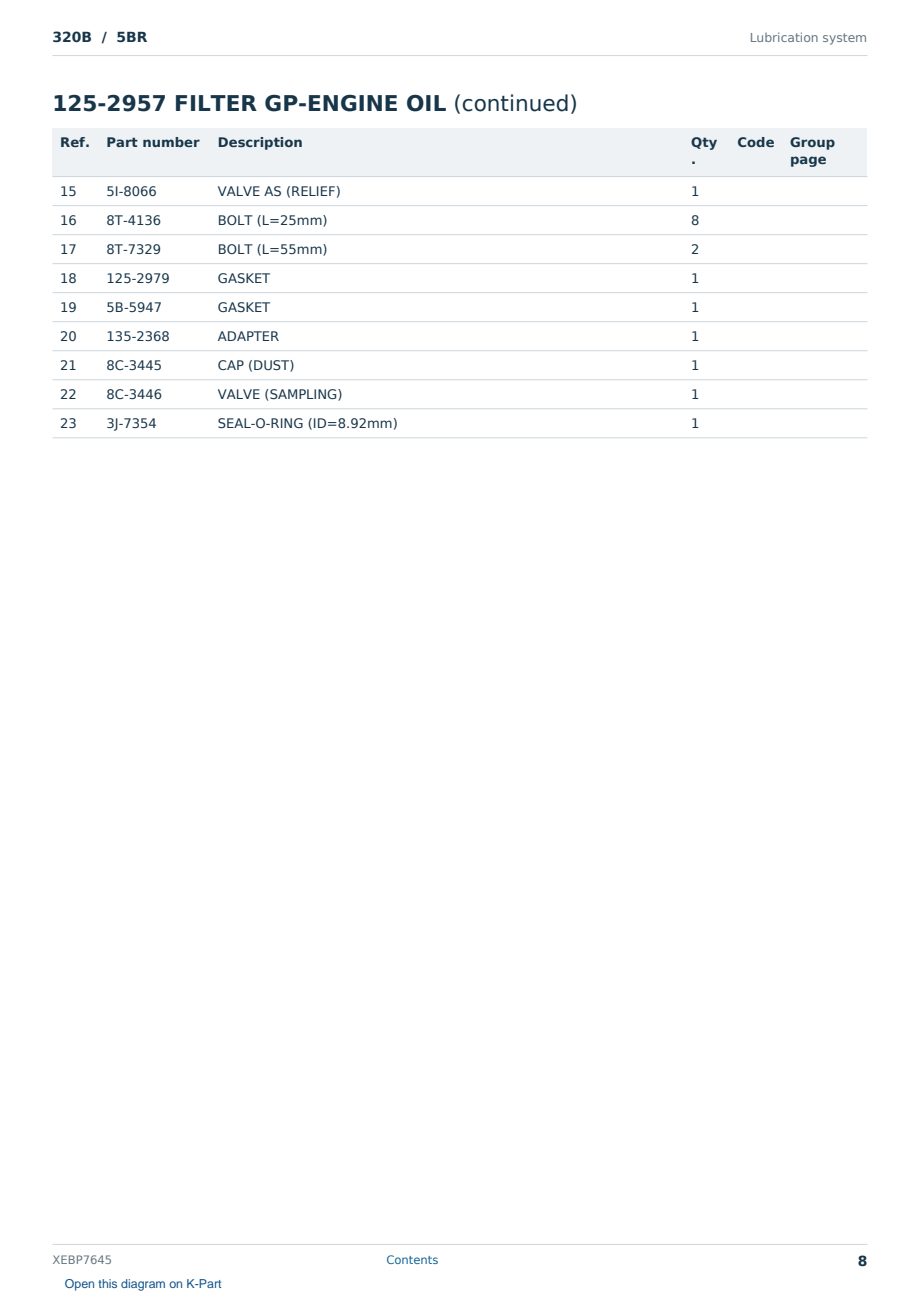 Caterpillar 320B S/N 5BR Partsbook XEBP7645 (English) - sample page 8 of 10 Caterpillar 320B S/N 5BR Partsbook XEBP7645 (English) - sample page 8 of 10