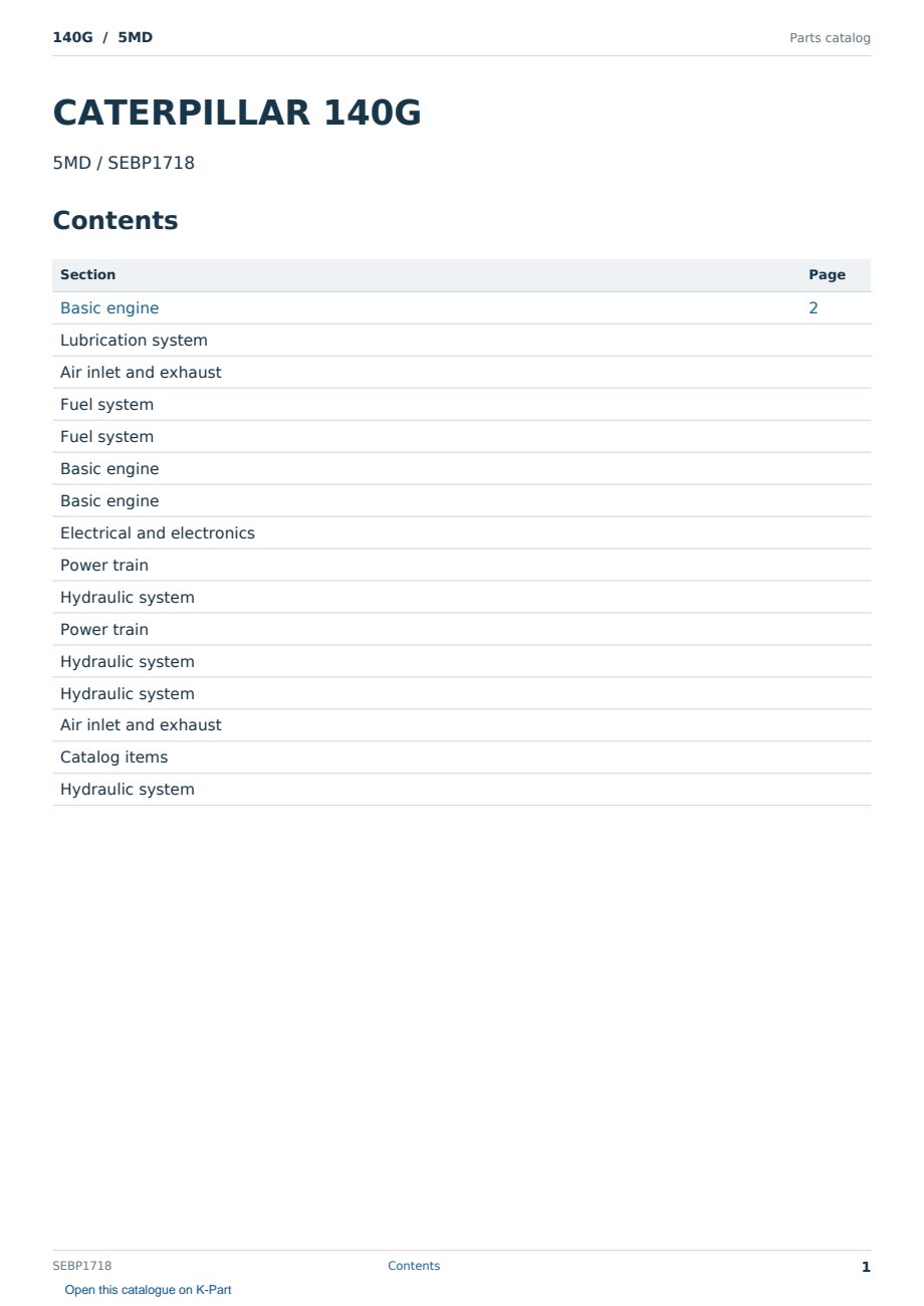 Caterpillar 140G S/N 5MD Partsbook SEBP1718 (English) - sample page 1 of 10 Caterpillar 140G S/N 5MD Partsbook SEBP1718 (English) - sample page 1 of 10