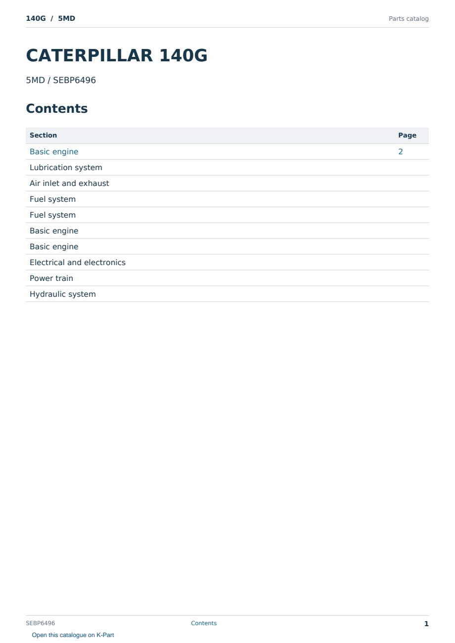 Caterpillar 140G S/N 5MD Partsbook SEBP6496 (English) - sample page 1 of 10 Caterpillar 140G S/N 5MD Partsbook SEBP6496 (English) - sample page 1 of 10