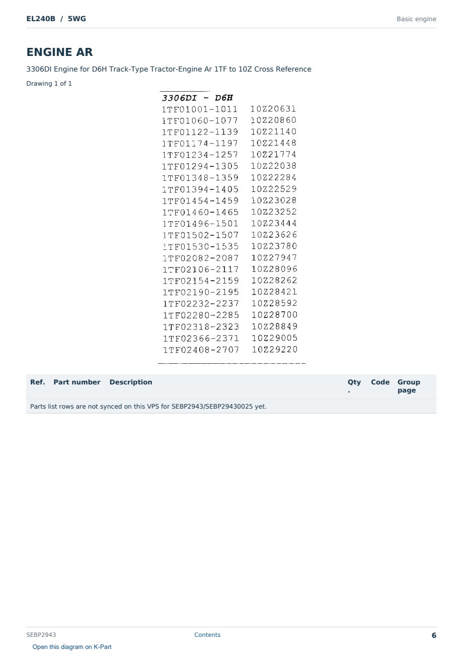 Caterpillar EL240B S/N 5WG Partsbook SEBP2943 (English) - sample page 6 of 10 Caterpillar EL240B S/N 5WG Partsbook SEBP2943 (English) - sample page 6 of 10