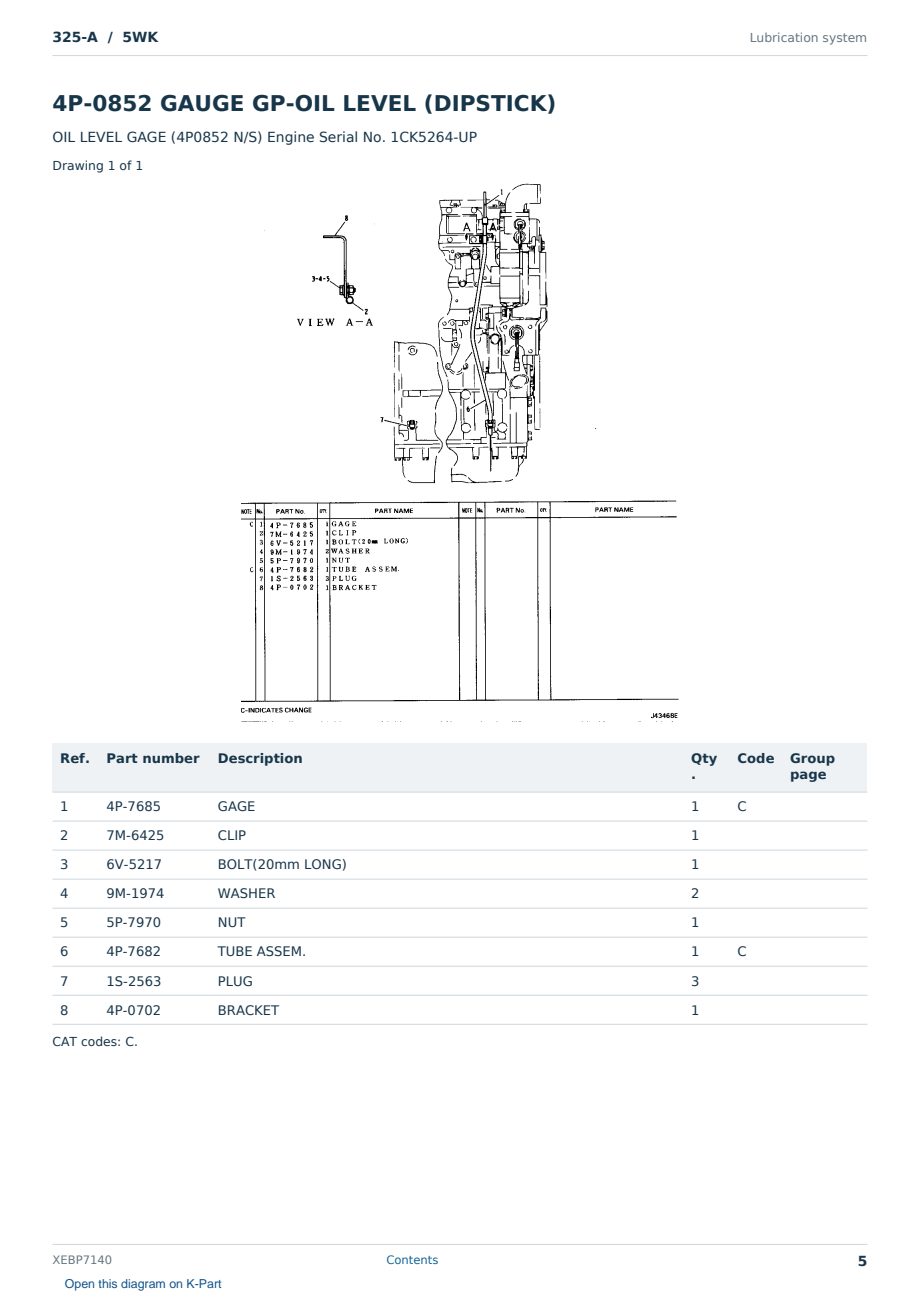 Caterpillar 325-A S/N 5WK Partsbook XEBP7140 (English) - sample page 5 of 10 Caterpillar 325-A S/N 5WK Partsbook XEBP7140 (English) - sample page 5 of 10