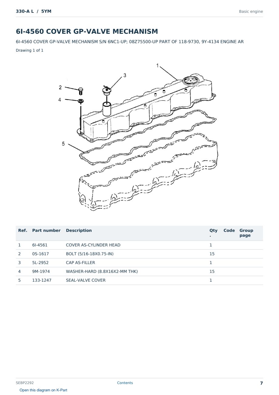 Caterpillar 330-A L S/N 5YM Partsbook SEBP2292 (English) - sample page 7 of 10 Caterpillar 330-A L S/N 5YM Partsbook SEBP2292 (English) - sample page 7 of 10