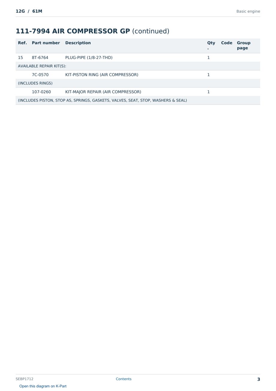 Caterpillar 12G S/N 61M Partsbook SEBP1712 (English) - sample page 3 of 10 Caterpillar 12G S/N 61M Partsbook SEBP1712 (English) - sample page 3 of 10