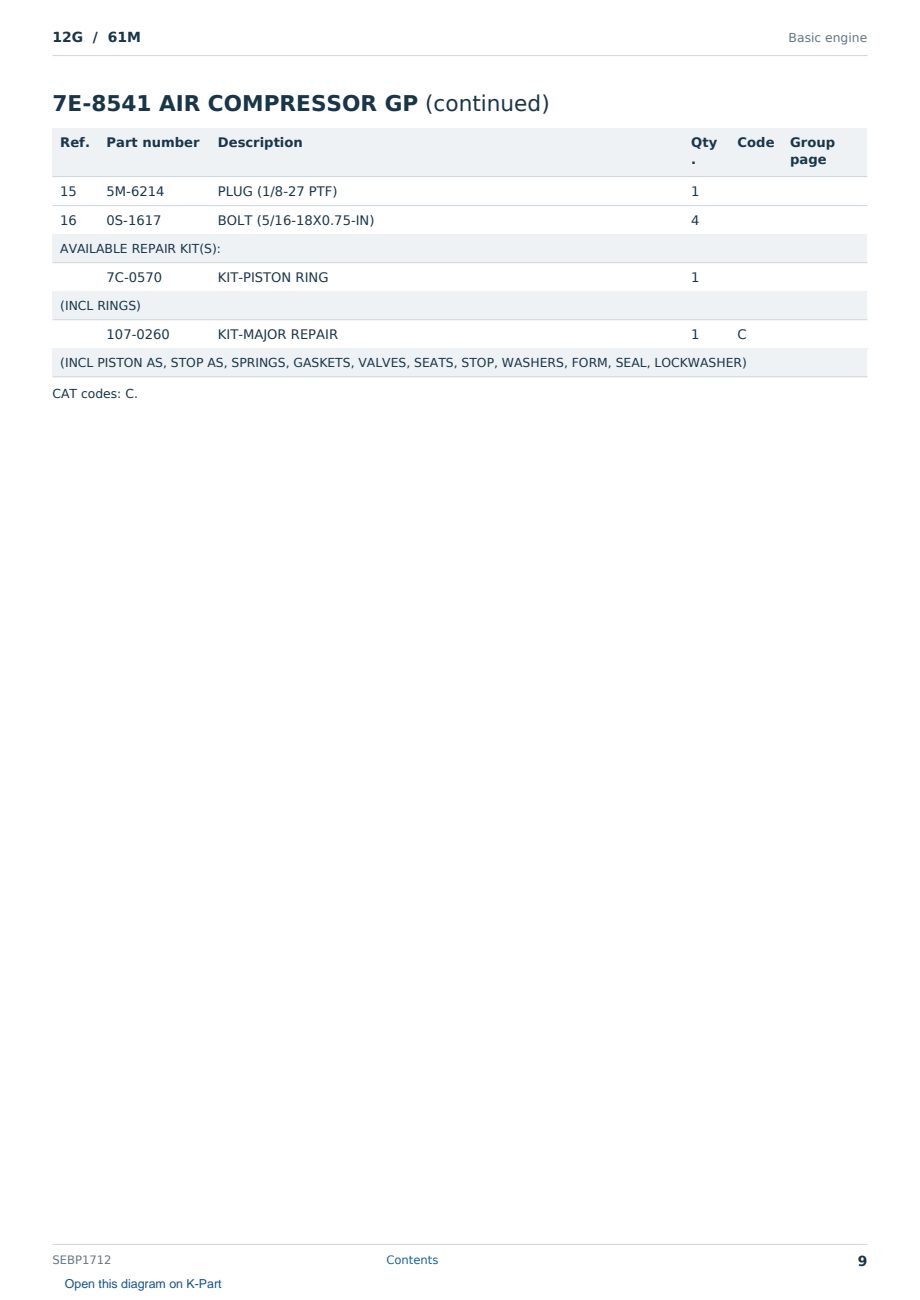 Caterpillar 12G S/N 61M Partsbook SEBP1712 (English) - sample page 9 of 10 Caterpillar 12G S/N 61M Partsbook SEBP1712 (English) - sample page 9 of 10
