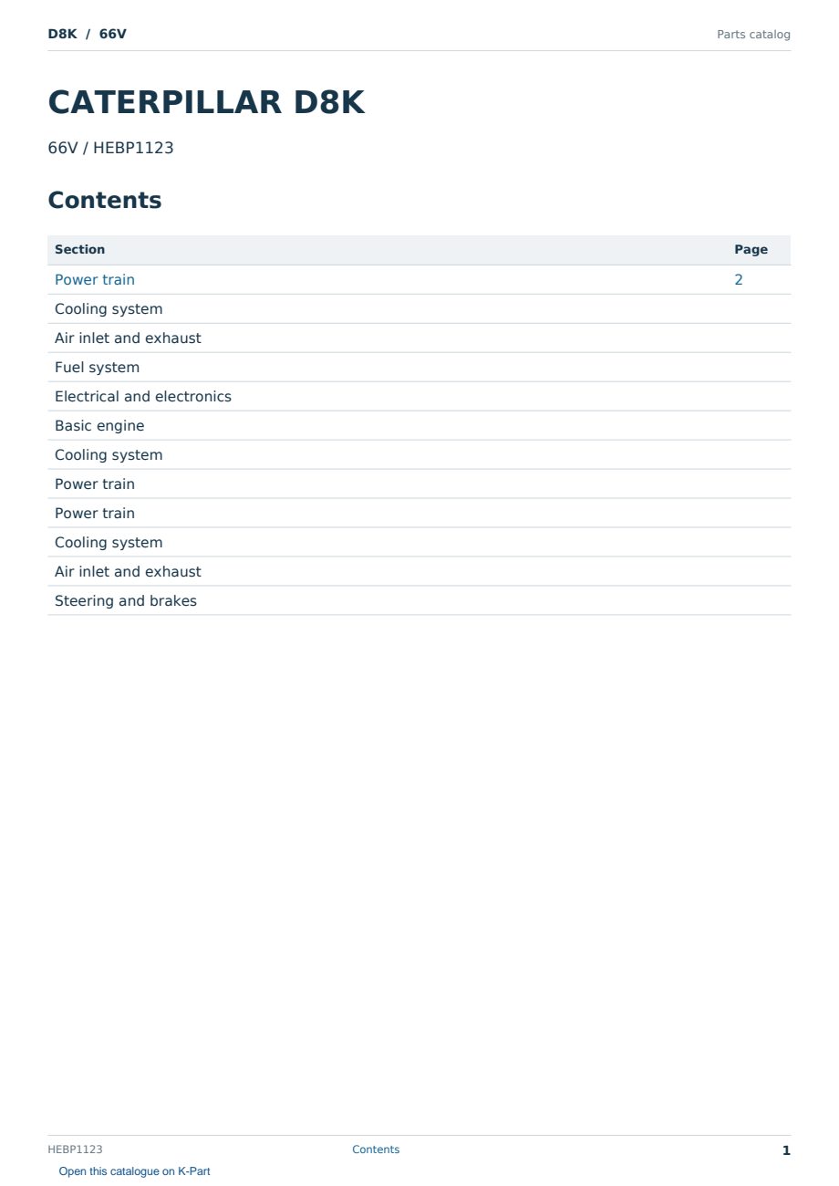 Caterpillar D8K S/N 66V Partsbook HEBP1123 (English) - sample page 1 of 10 Caterpillar D8K S/N 66V Partsbook HEBP1123 (English) - sample page 1 of 10