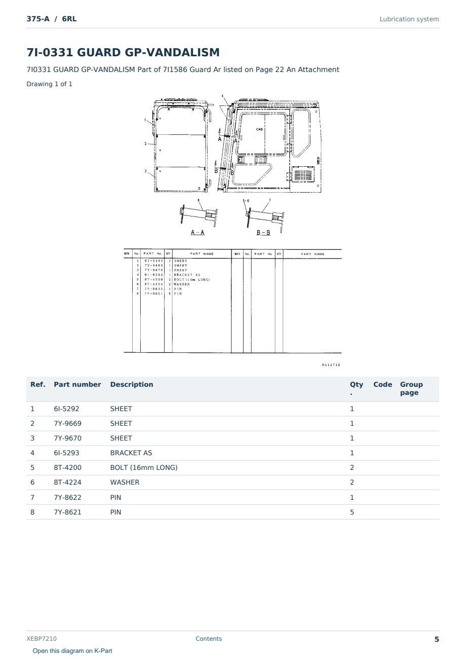 Caterpillar 375-A S/N 6RL Partsbook XEBP7210 (English) - sample page 5 of 10 Caterpillar 375-A S/N 6RL Partsbook XEBP7210 (English) - sample page 5 of 10