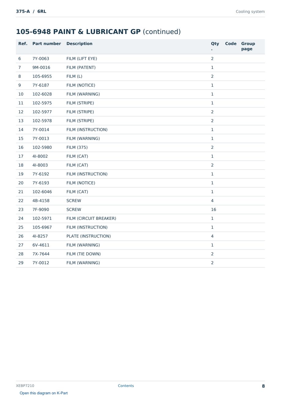 Caterpillar 375-A S/N 6RL Partsbook XEBP7210 (English) - sample page 8 of 10 Caterpillar 375-A S/N 6RL Partsbook XEBP7210 (English) - sample page 8 of 10