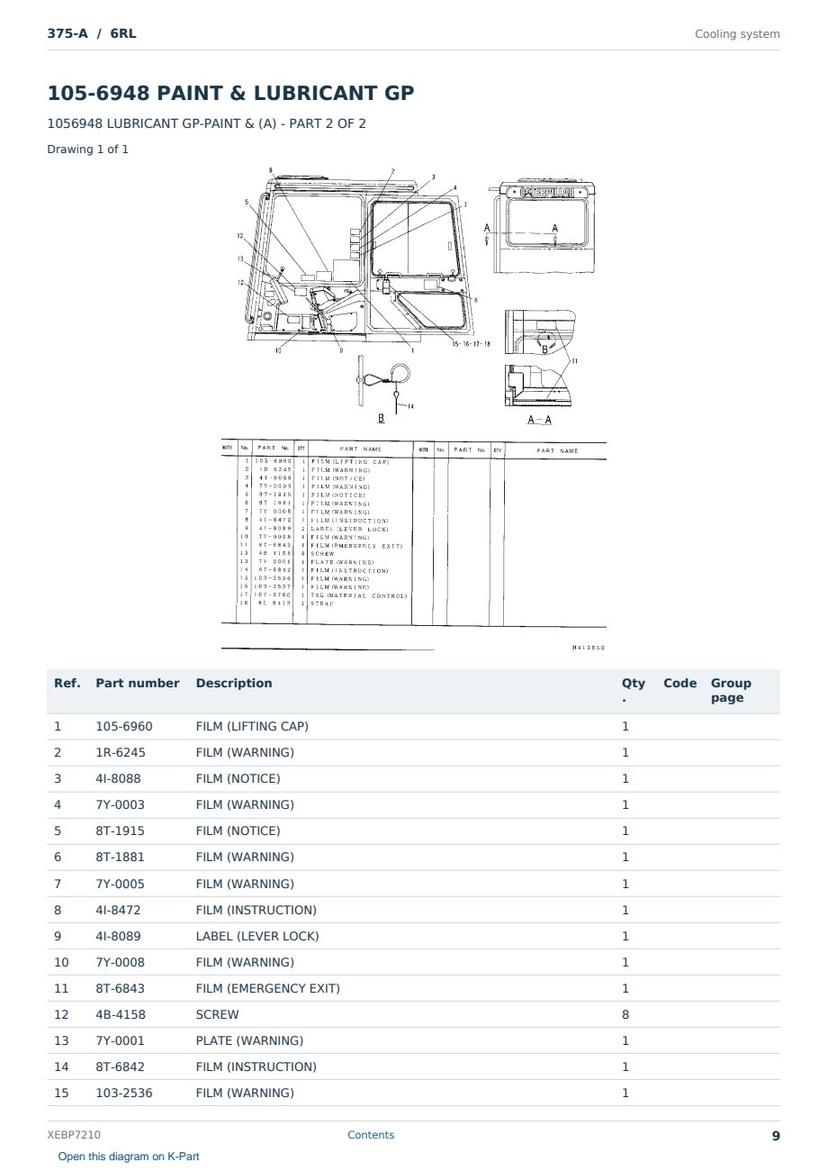 Caterpillar 375-A S/N 6RL Partsbook XEBP7210 (English) - sample page 9 of 10 Caterpillar 375-A S/N 6RL Partsbook XEBP7210 (English) - sample page 9 of 10