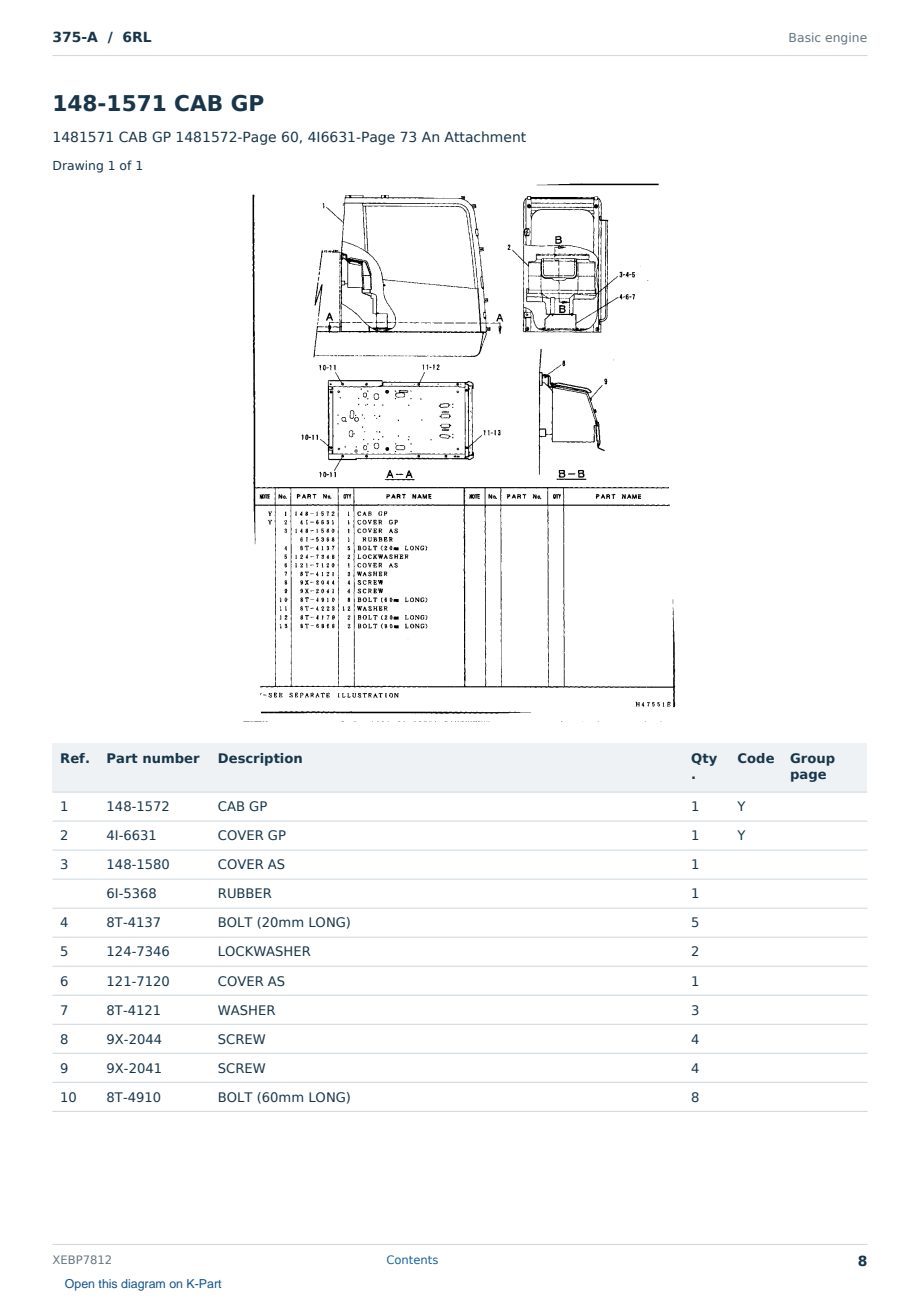 Caterpillar 375-A S/N 6RL Partsbook XEBP7812 (English) - sample page 8 of 10 Caterpillar 375-A S/N 6RL Partsbook XEBP7812 (English) - sample page 8 of 10