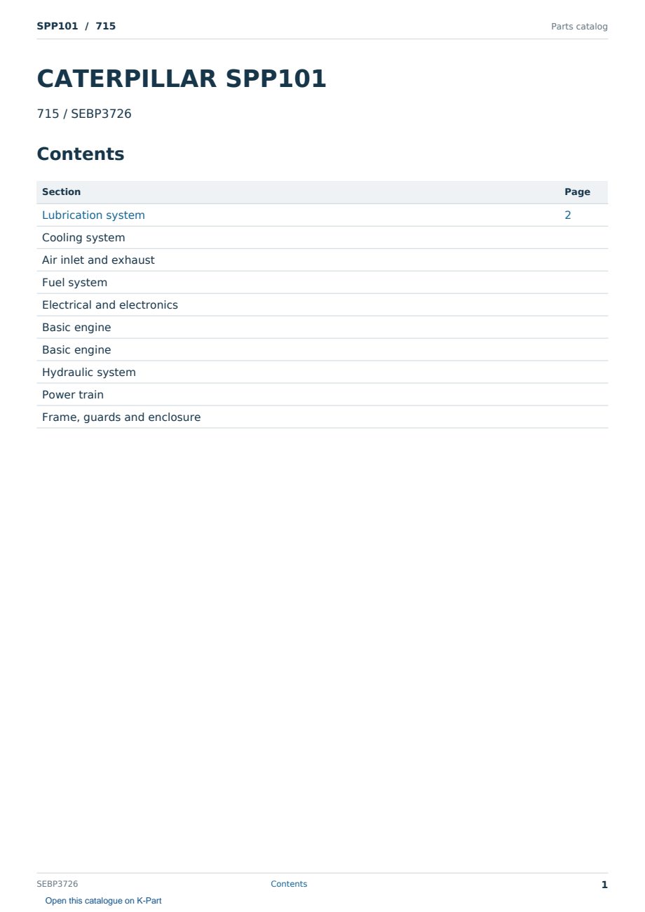 Caterpillar SPP101 S/N 715 Partsbook SEBP3726 (English) - sample page 1 of 10 Caterpillar SPP101 S/N 715 Partsbook SEBP3726 (English) - sample page 1 of 10