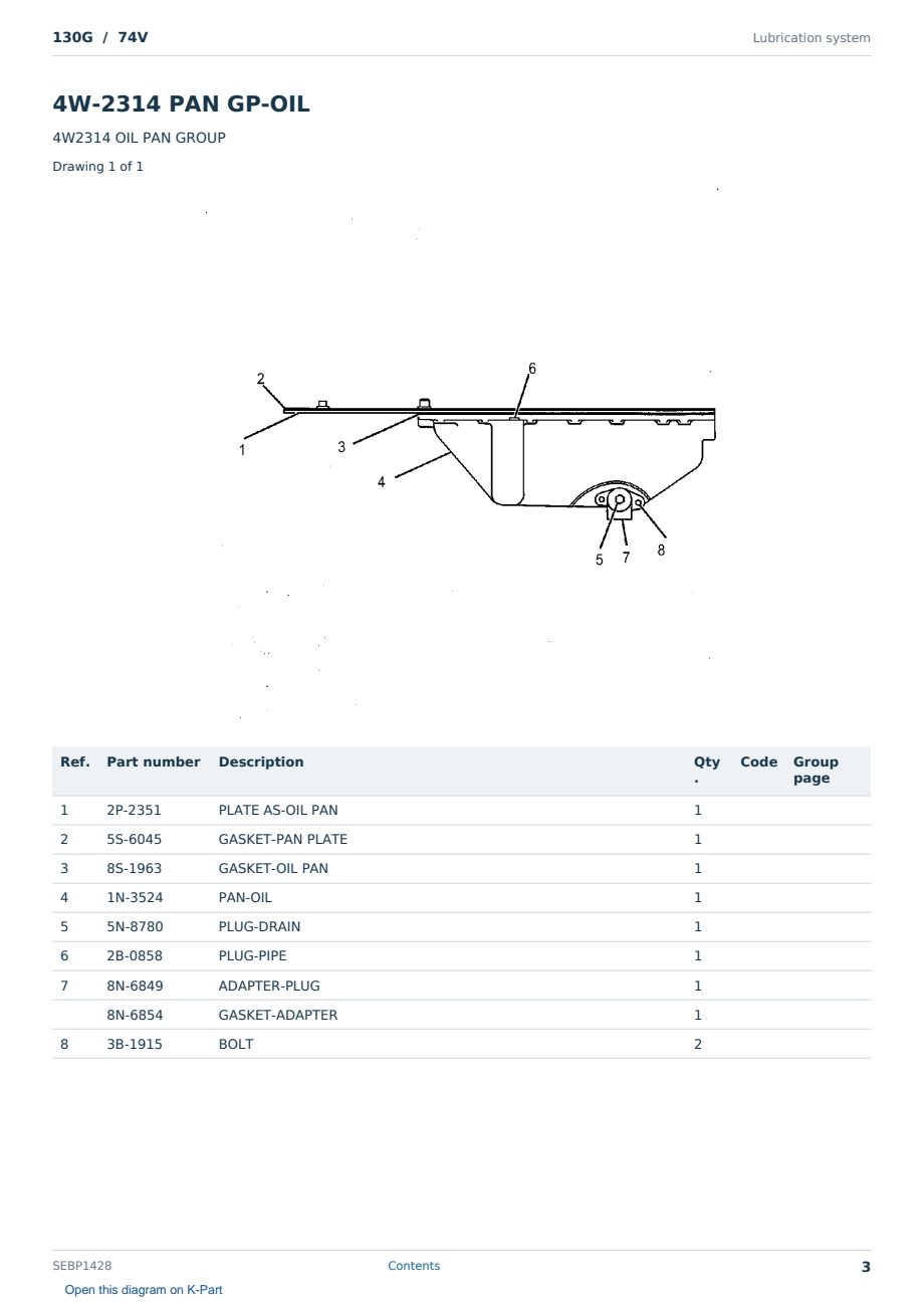 Caterpillar 130G S/N 74V Partsbook SEBP1428 (English) - sample page 3 of 10 Caterpillar 130G S/N 74V Partsbook SEBP1428 (English) - sample page 3 of 10
