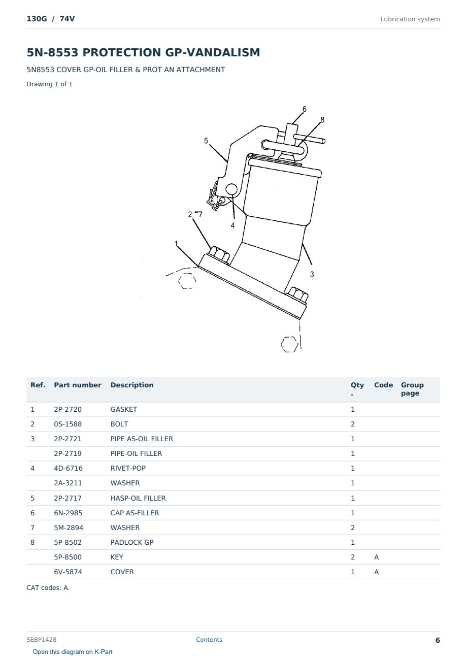 Caterpillar 130G S/N 74V Partsbook SEBP1428 (English) - sample page 6 of 10 Caterpillar 130G S/N 74V Partsbook SEBP1428 (English) - sample page 6 of 10