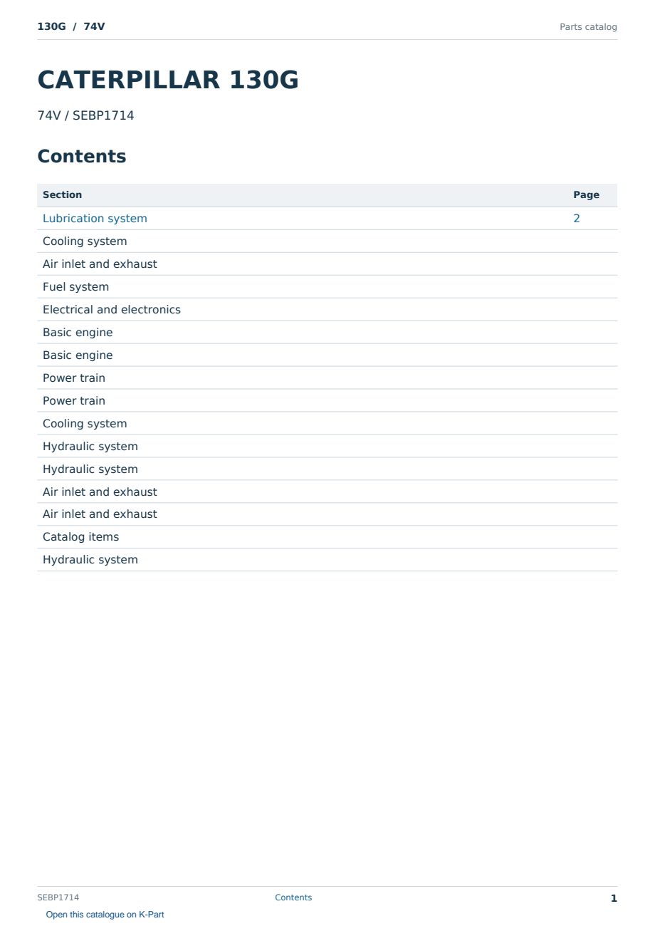 Caterpillar 130G S/N 74V Partsbook SEBP1714 (English) - sample page 1 of 10 Caterpillar 130G S/N 74V Partsbook SEBP1714 (English) - sample page 1 of 10