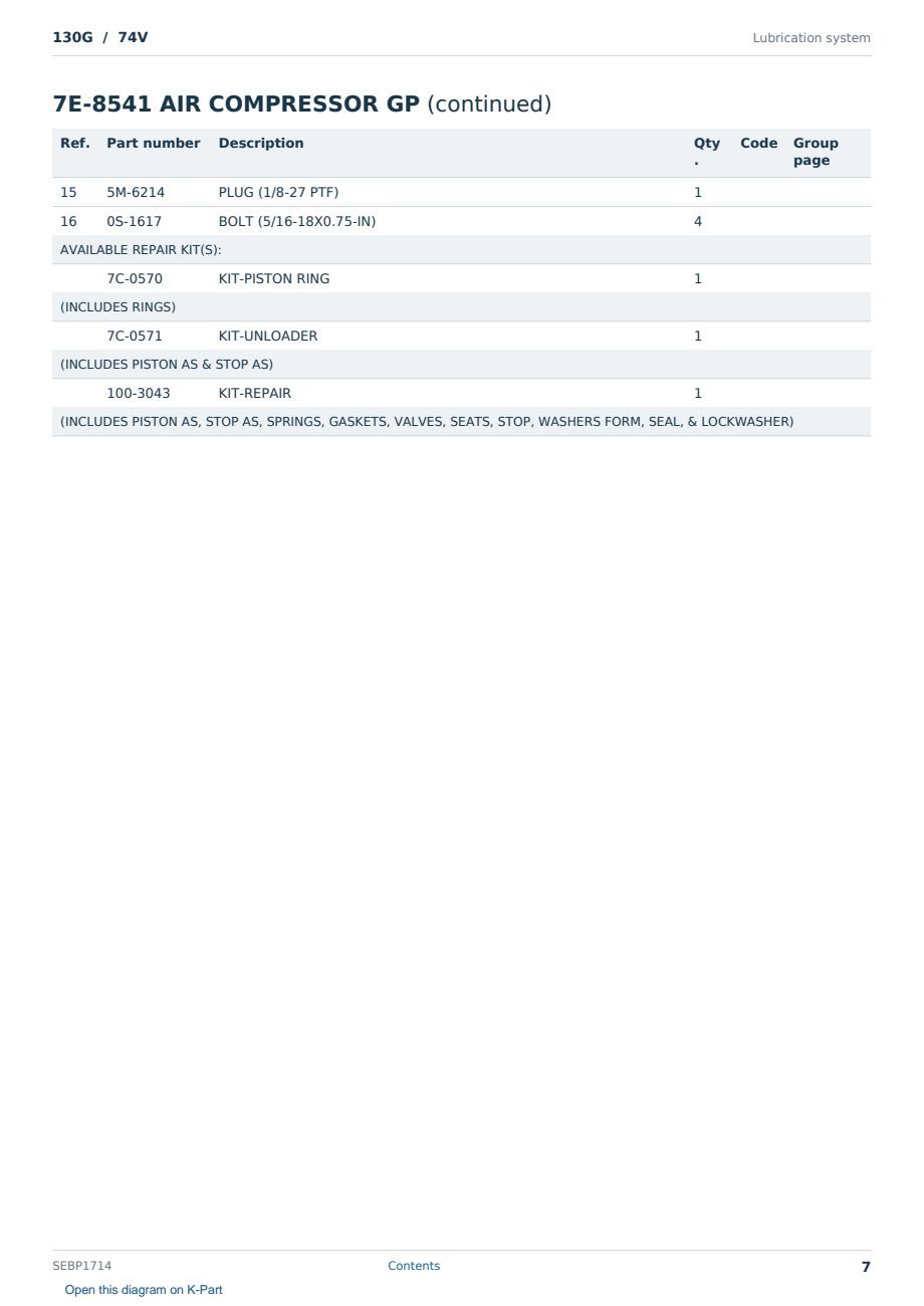 Caterpillar 130G S/N 74V Partsbook SEBP1714 (English) - sample page 7 of 10 Caterpillar 130G S/N 74V Partsbook SEBP1714 (English) - sample page 7 of 10