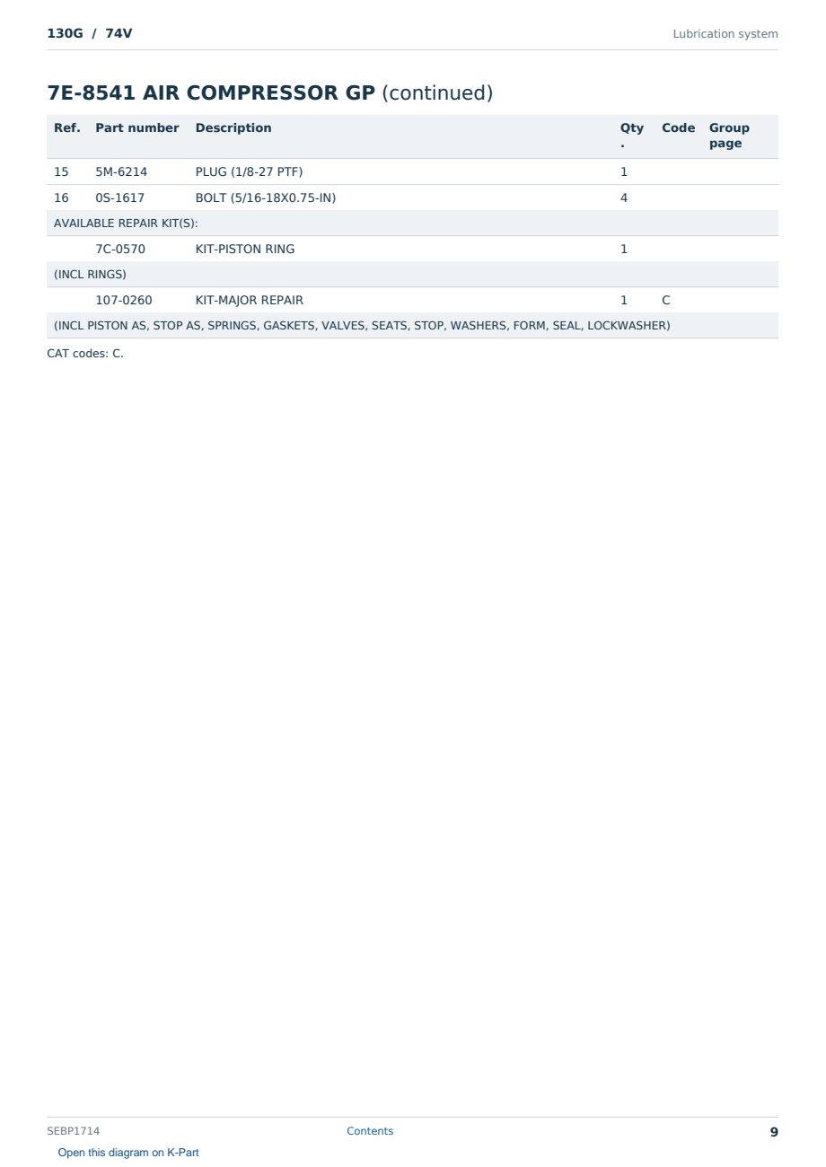 Caterpillar 130G S/N 74V Partsbook SEBP1714 (English) - sample page 9 of 10 Caterpillar 130G S/N 74V Partsbook SEBP1714 (English) - sample page 9 of 10
