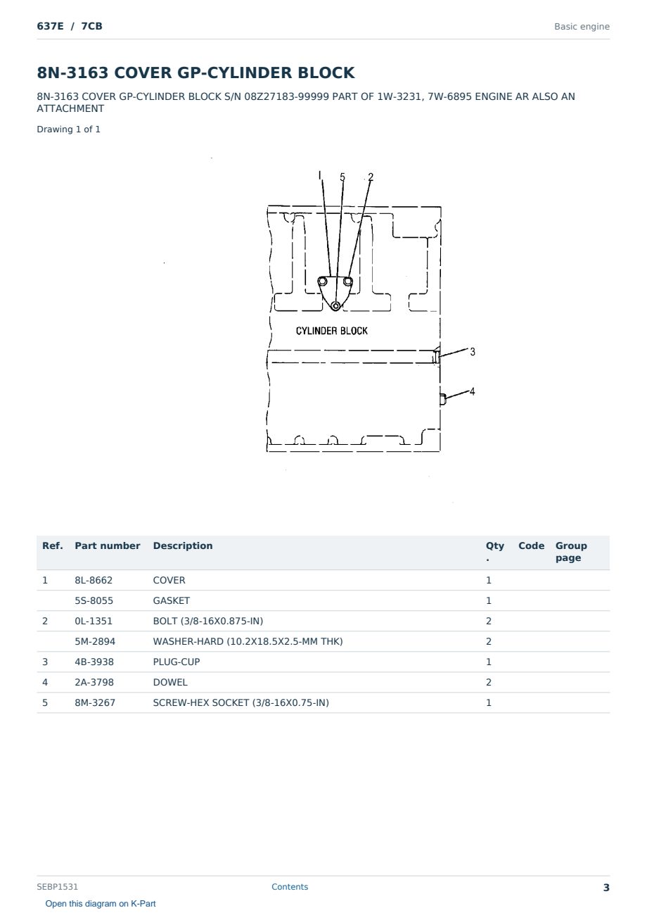 Caterpillar 637E S/N 7CB Partsbook SEBP1531 (English) - sample page 3 of 10 Caterpillar 637E S/N 7CB Partsbook SEBP1531 (English) - sample page 3 of 10