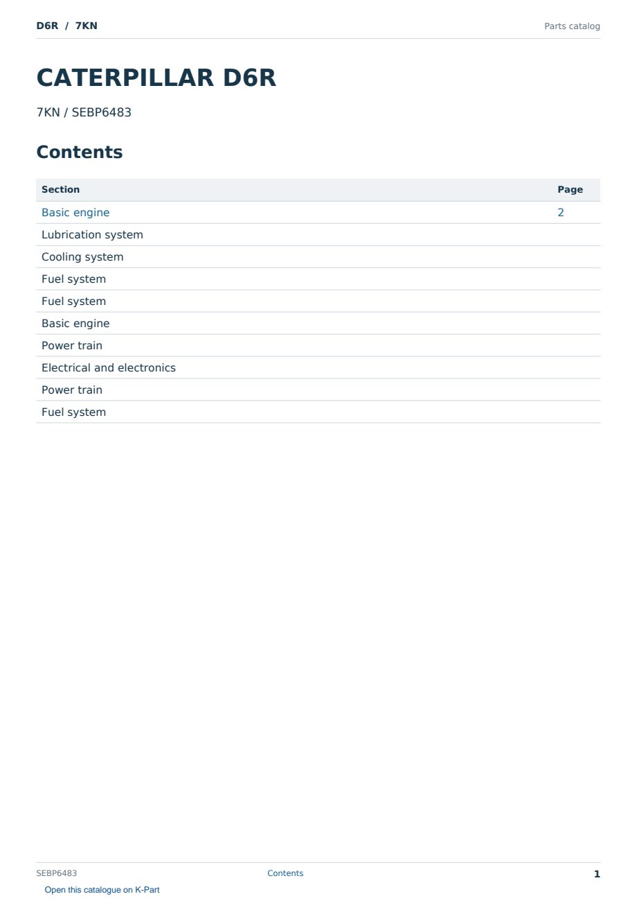 Caterpillar D6R S/N 7KN Partsbook SEBP6483 (English) - sample page 1 of 10 Caterpillar D6R S/N 7KN Partsbook SEBP6483 (English) - sample page 1 of 10