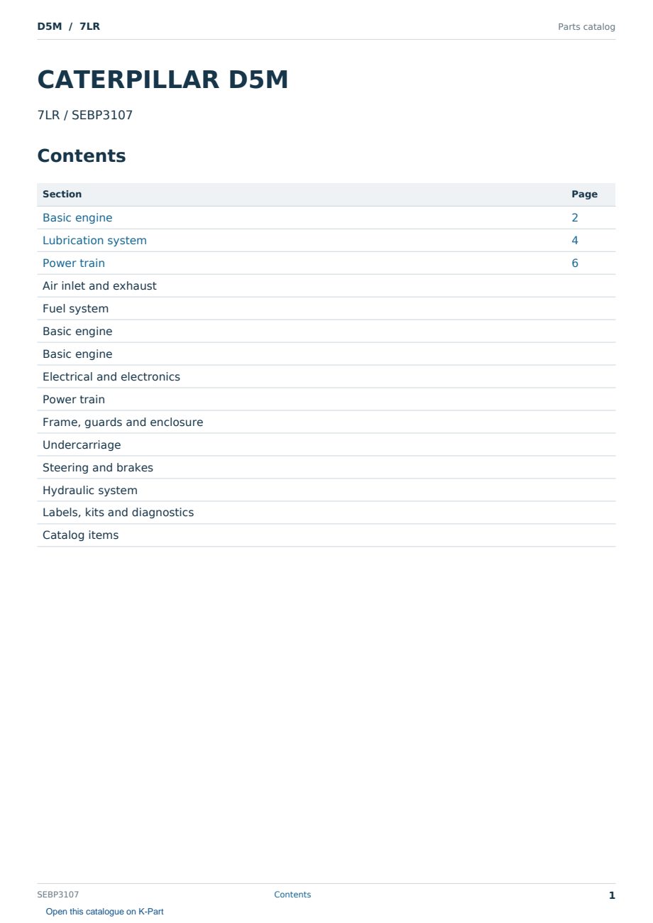 Caterpillar D5M S/N 7LR Partsbook SEBP3107 (English) - sample page 1 of 10 Caterpillar D5M S/N 7LR Partsbook SEBP3107 (English) - sample page 1 of 10