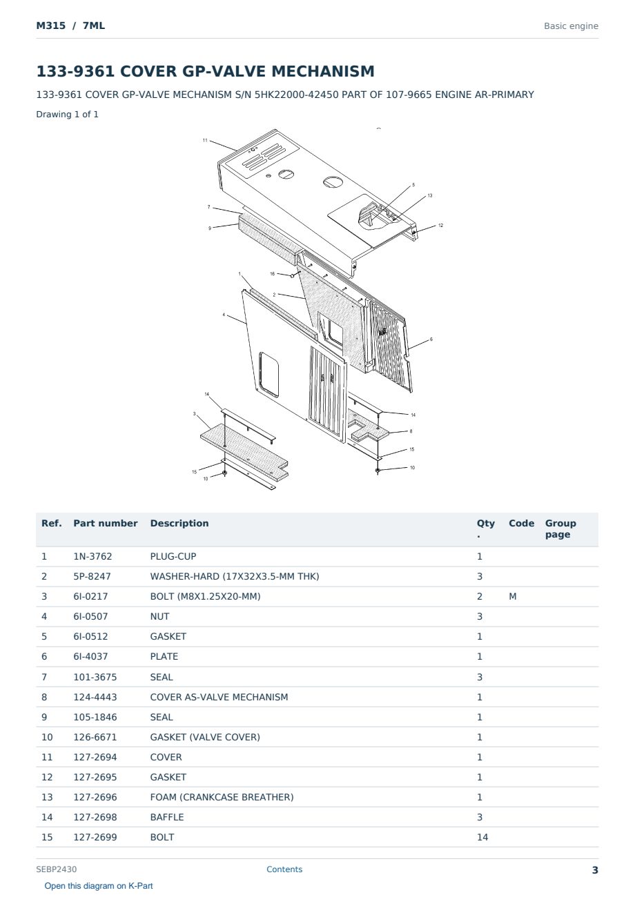 Caterpillar M315 S/N 7ML Partsbook SEBP2430 (English) - sample page 3 of 10 Caterpillar M315 S/N 7ML Partsbook SEBP2430 (English) - sample page 3 of 10