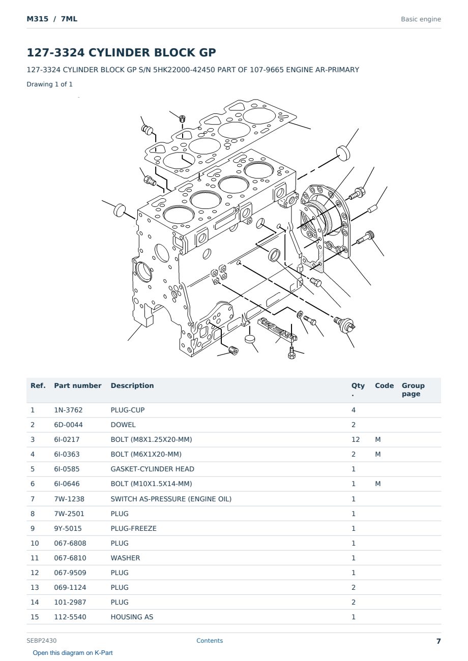 Caterpillar M315 S/N 7ML Partsbook SEBP2430 (English) - sample page 7 of 10 Caterpillar M315 S/N 7ML Partsbook SEBP2430 (English) - sample page 7 of 10