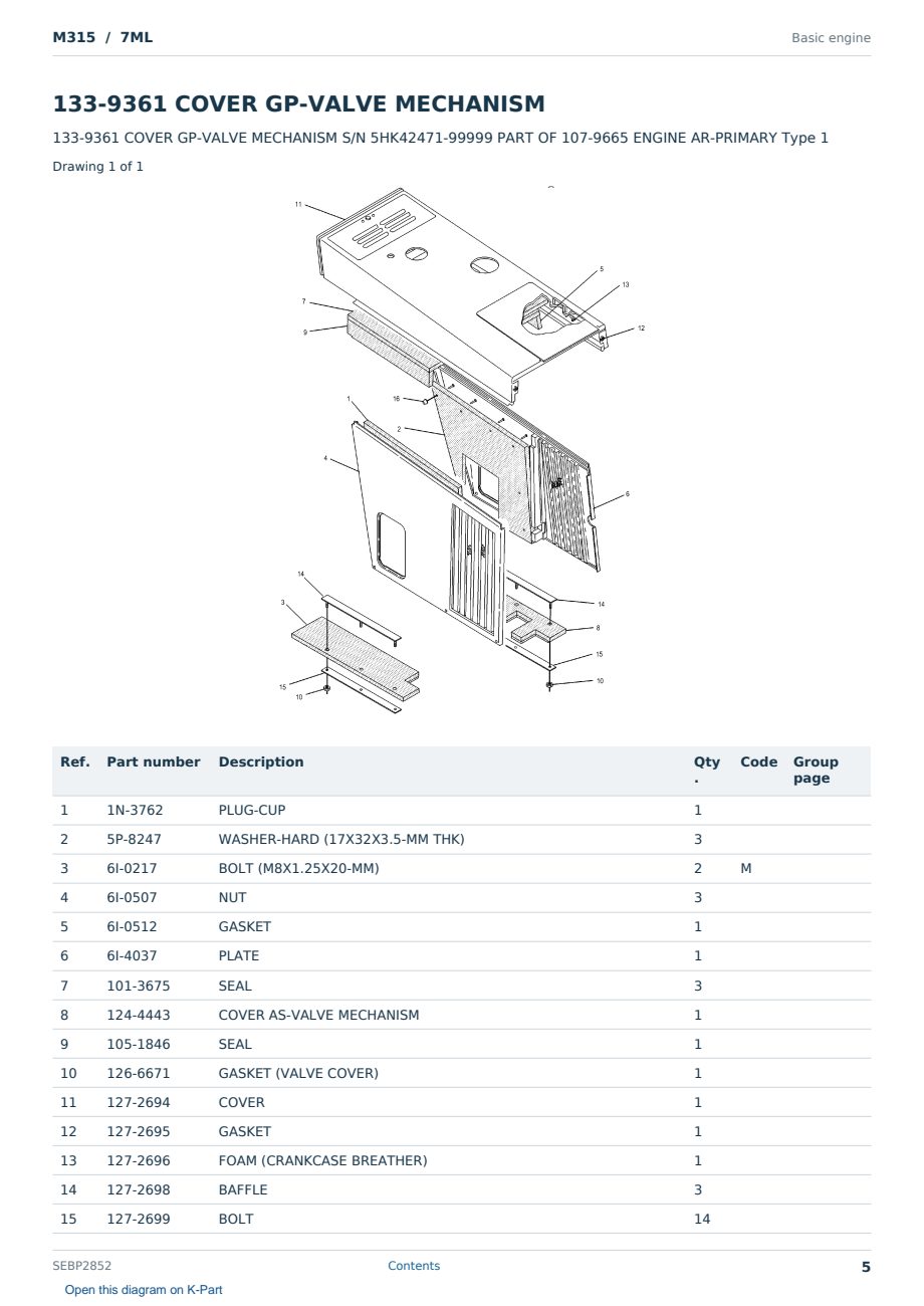 Caterpillar M315 S/N 7ML Partsbook SEBP2852 (English) - sample page 5 of 10 Caterpillar M315 S/N 7ML Partsbook SEBP2852 (English) - sample page 5 of 10