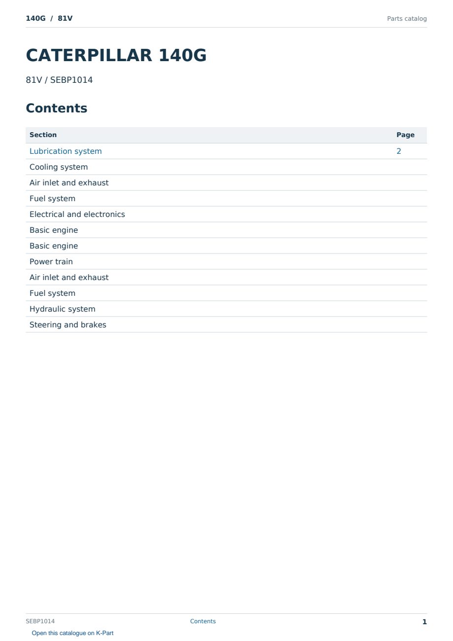 Caterpillar 140G S/N 81V Partsbook SEBP1014 (English) - sample page 1 of 10 Caterpillar 140G S/N 81V Partsbook SEBP1014 (English) - sample page 1 of 10