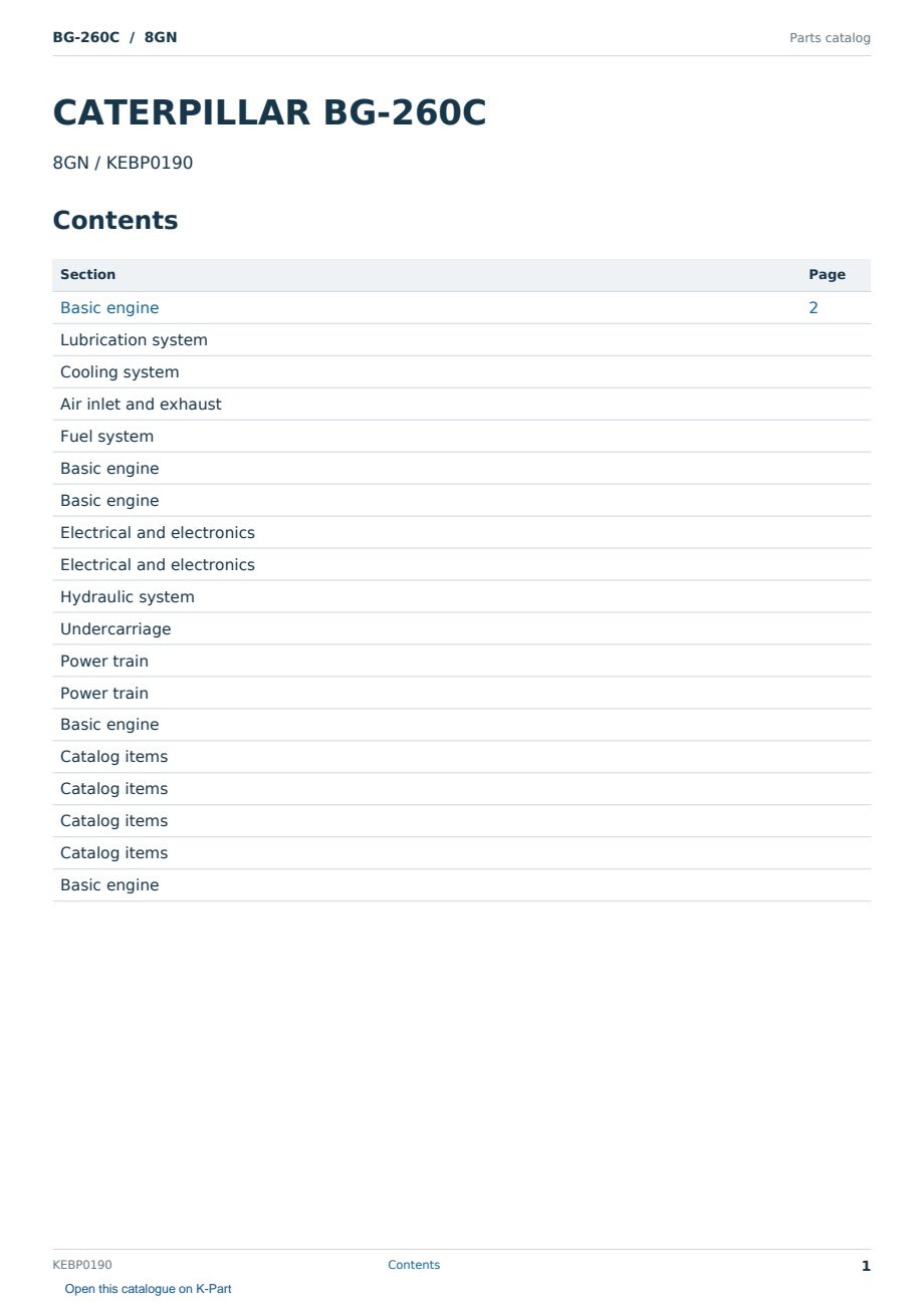 Caterpillar BG-260C S/N 8GN Partsbook KEBP0190 (English) - sample page 1 of 10 Caterpillar BG-260C S/N 8GN Partsbook KEBP0190 (English) - sample page 1 of 10