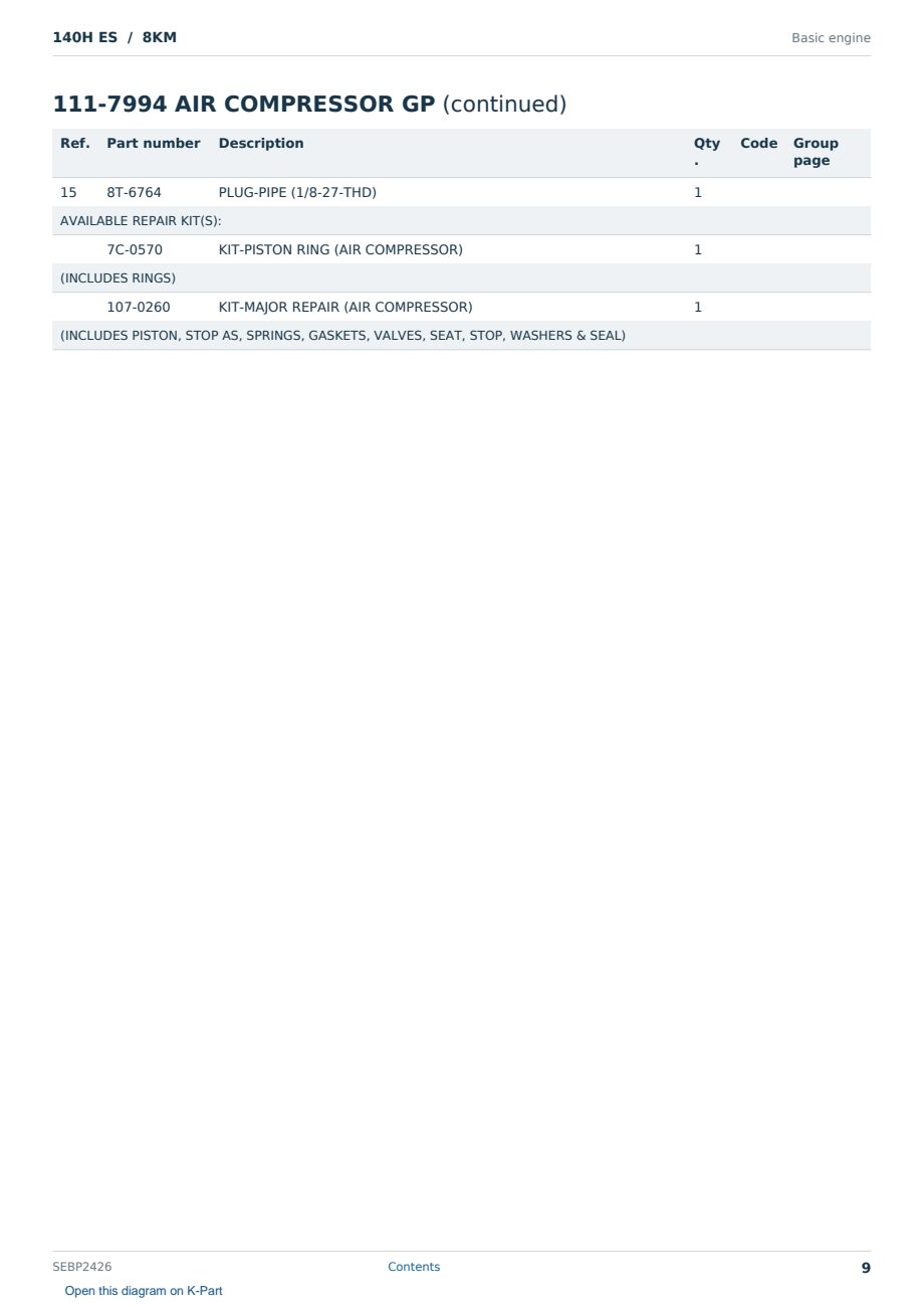 Caterpillar 140H ES S/N 8KM Partsbook SEBP2426 (English) - sample page 9 of 10 Caterpillar 140H ES S/N 8KM Partsbook SEBP2426 (English) - sample page 9 of 10