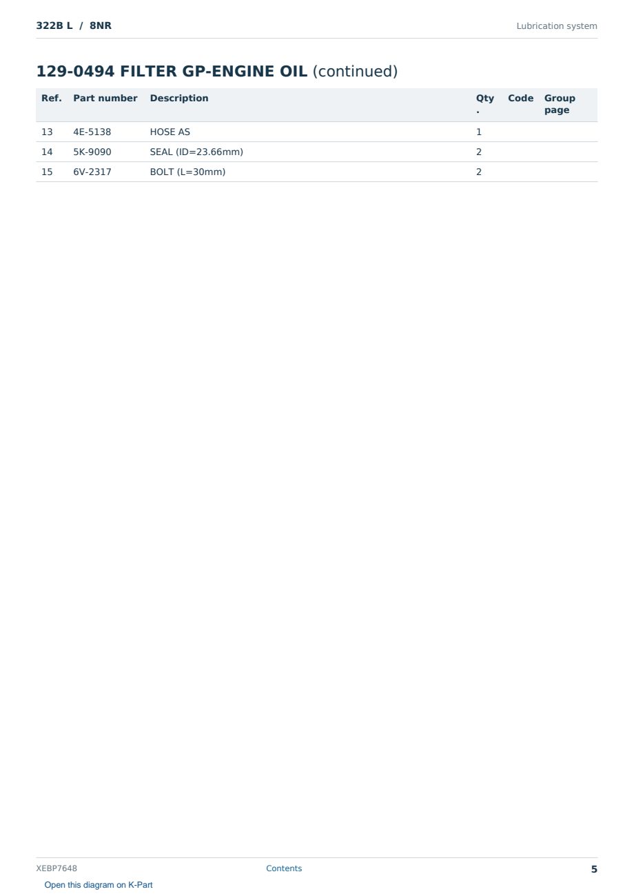 Caterpillar 322B L S/N 8NR Partsbook XEBP7648 (English) - sample page 5 of 10 Caterpillar 322B L S/N 8NR Partsbook XEBP7648 (English) - sample page 5 of 10